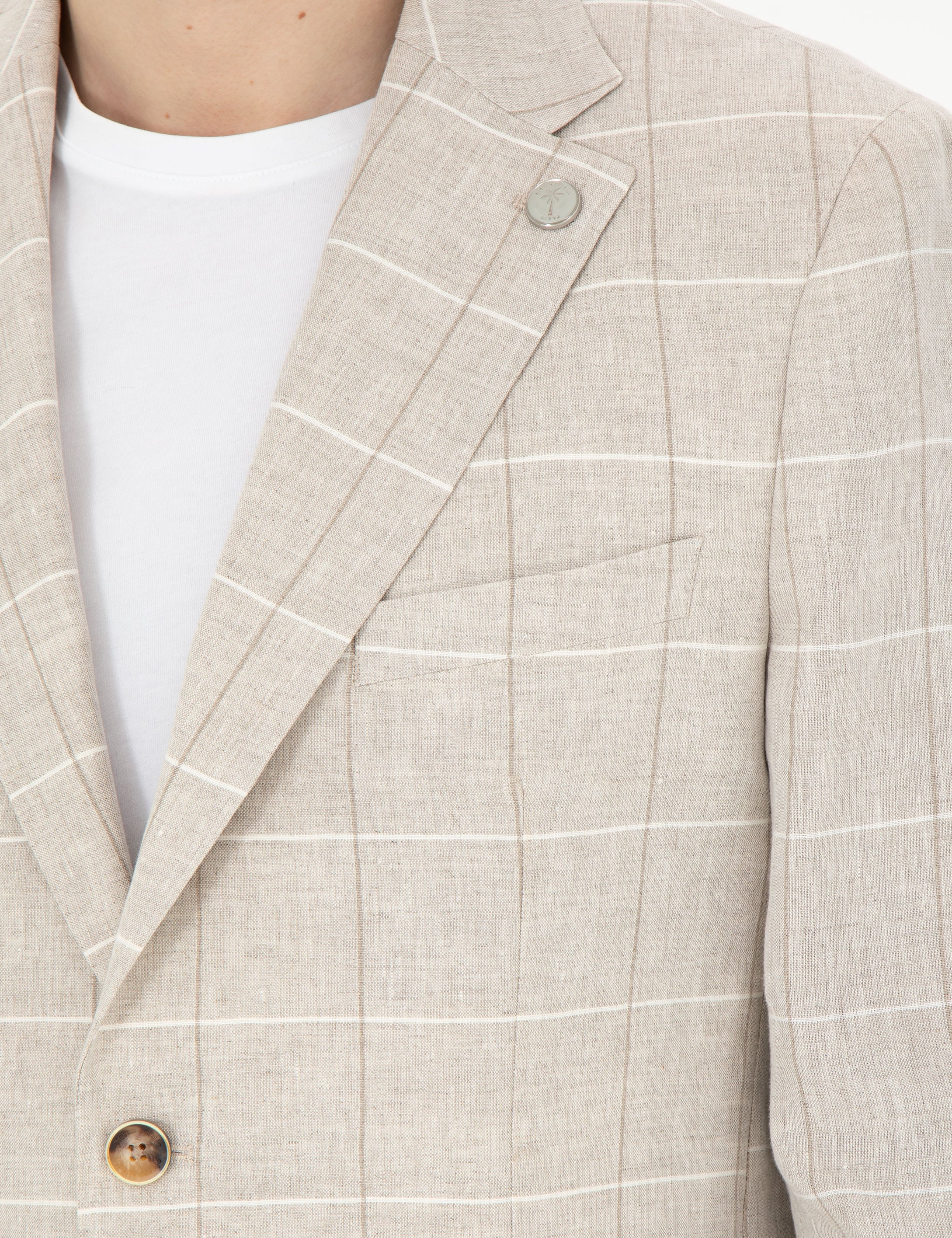 Bej Slim Fit Keten Ekose Ceket - Image 7
