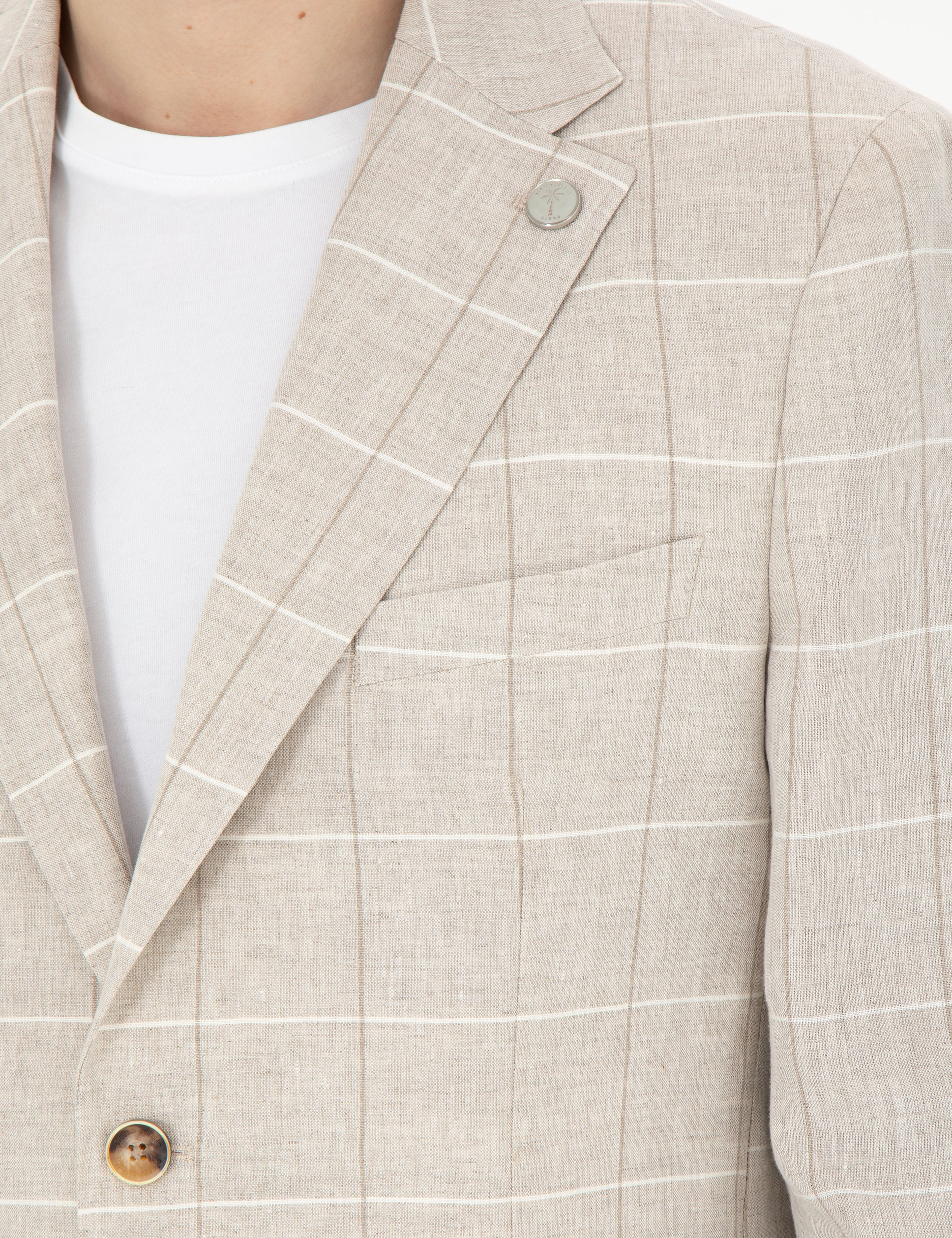 Bej Slim Fit Keten Ekose Ceket