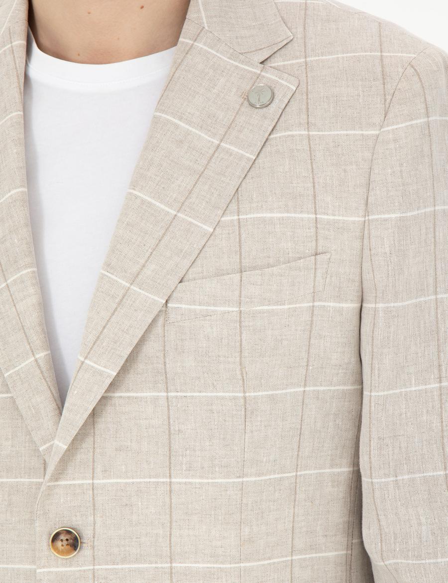 Bej Slim Fit Keten Ekose Ceket