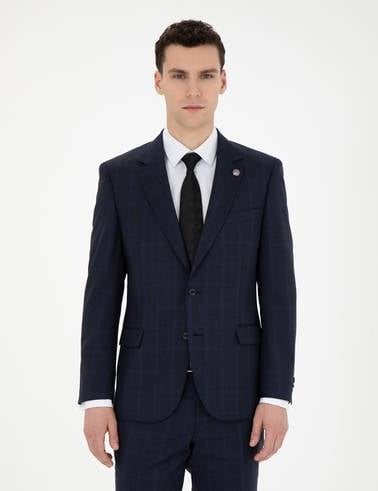 Lacivert Slim Fit %100 Yün Ekose Takım Elbise