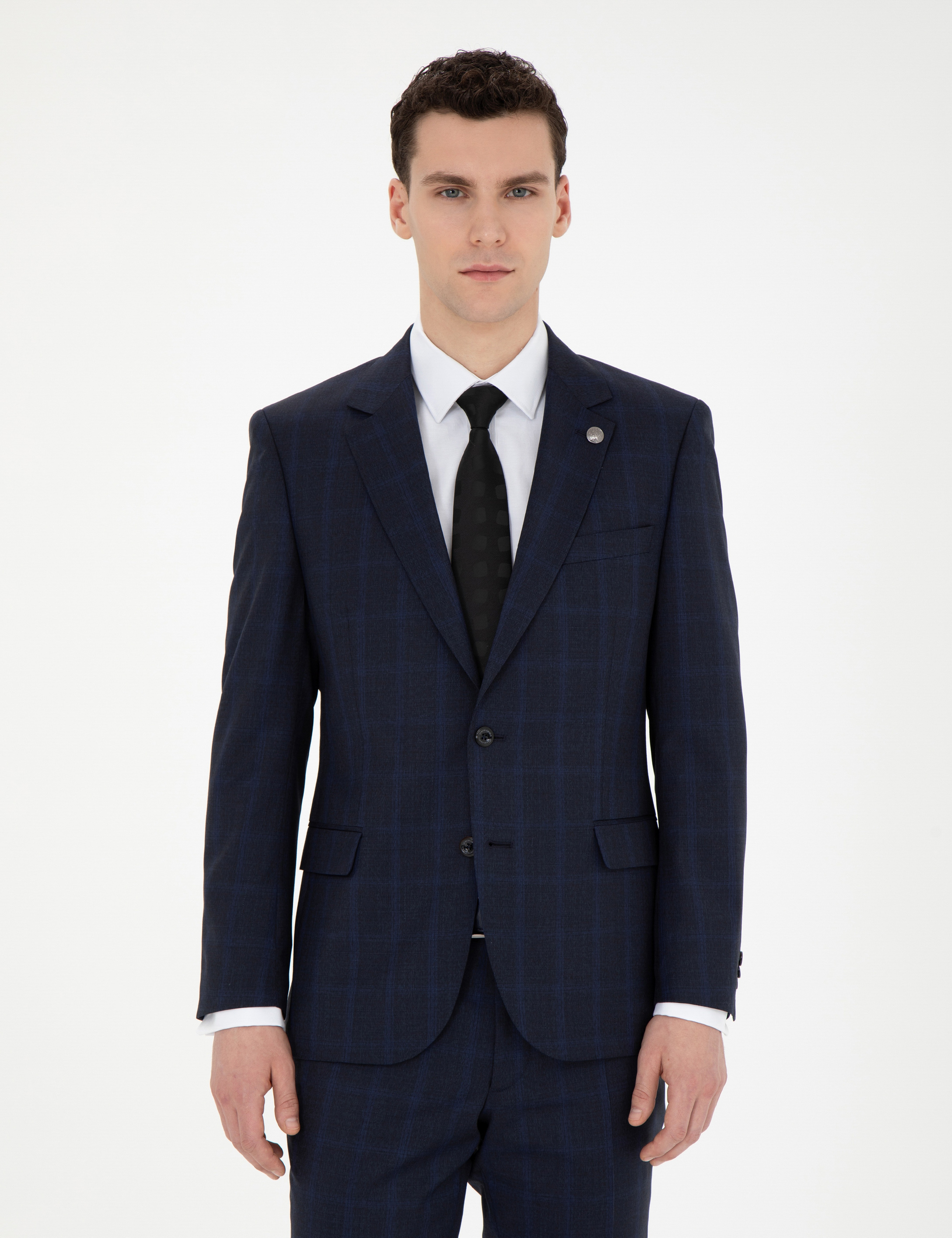 Lacivert Slim Fit %100 Yün Ekose Takım Elbise