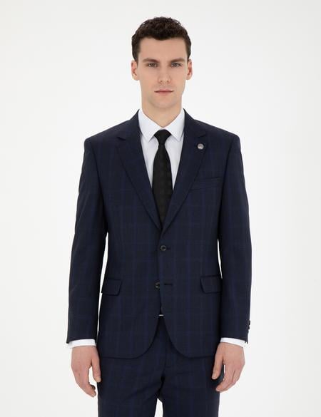 Lacivert Slim Fit %100 Yün Ekose Takım Elbise - 50285268011