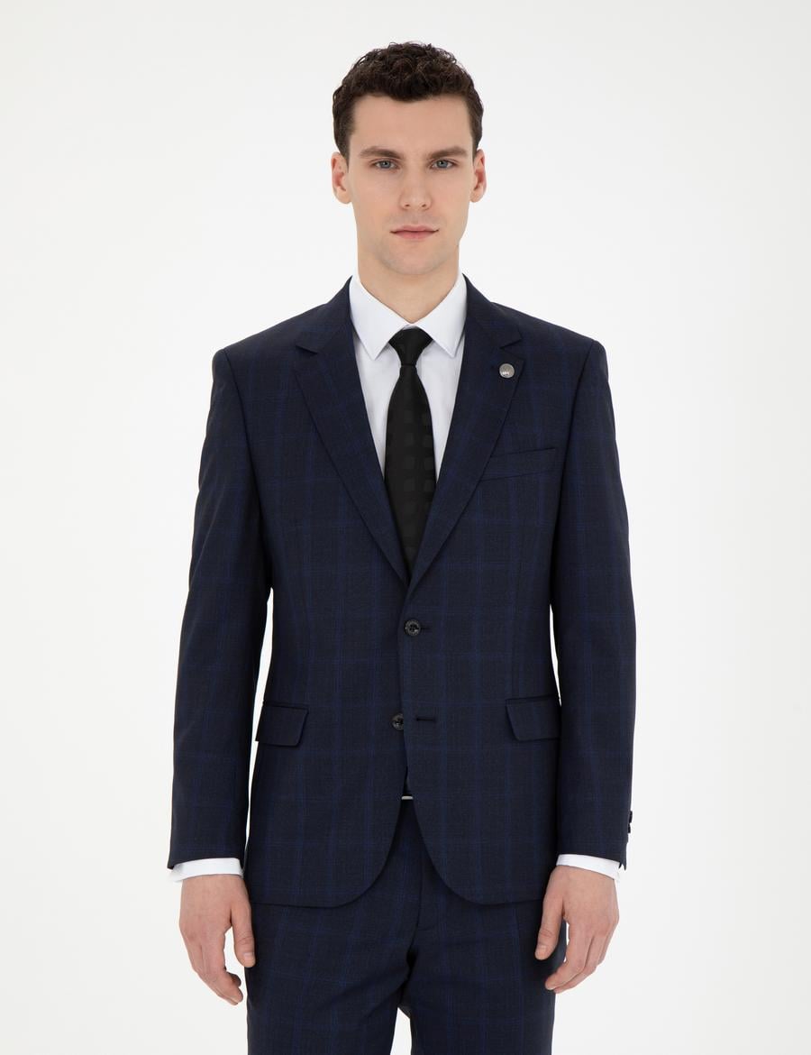 Lacivert Slim Fit %100 Yün Ekose Takım Elbise