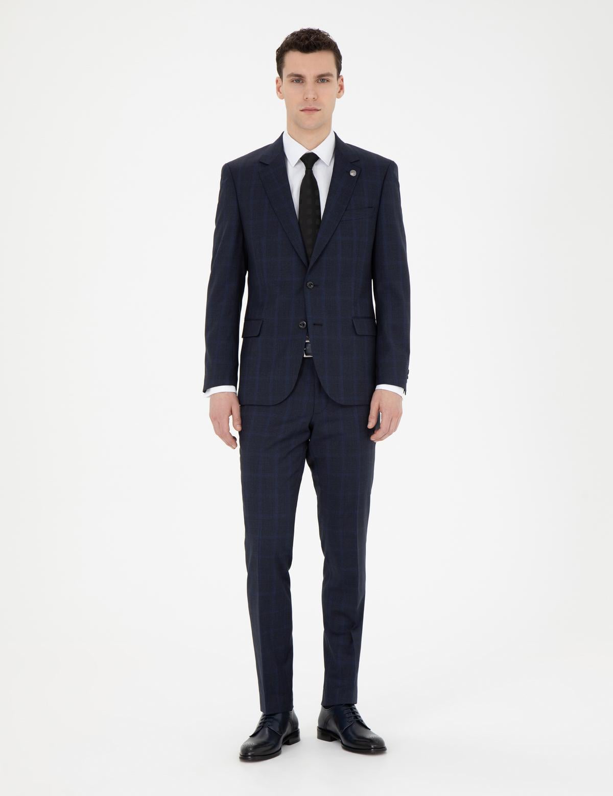 Lacivert Slim Fit %100 Yün Ekose Takım Elbise