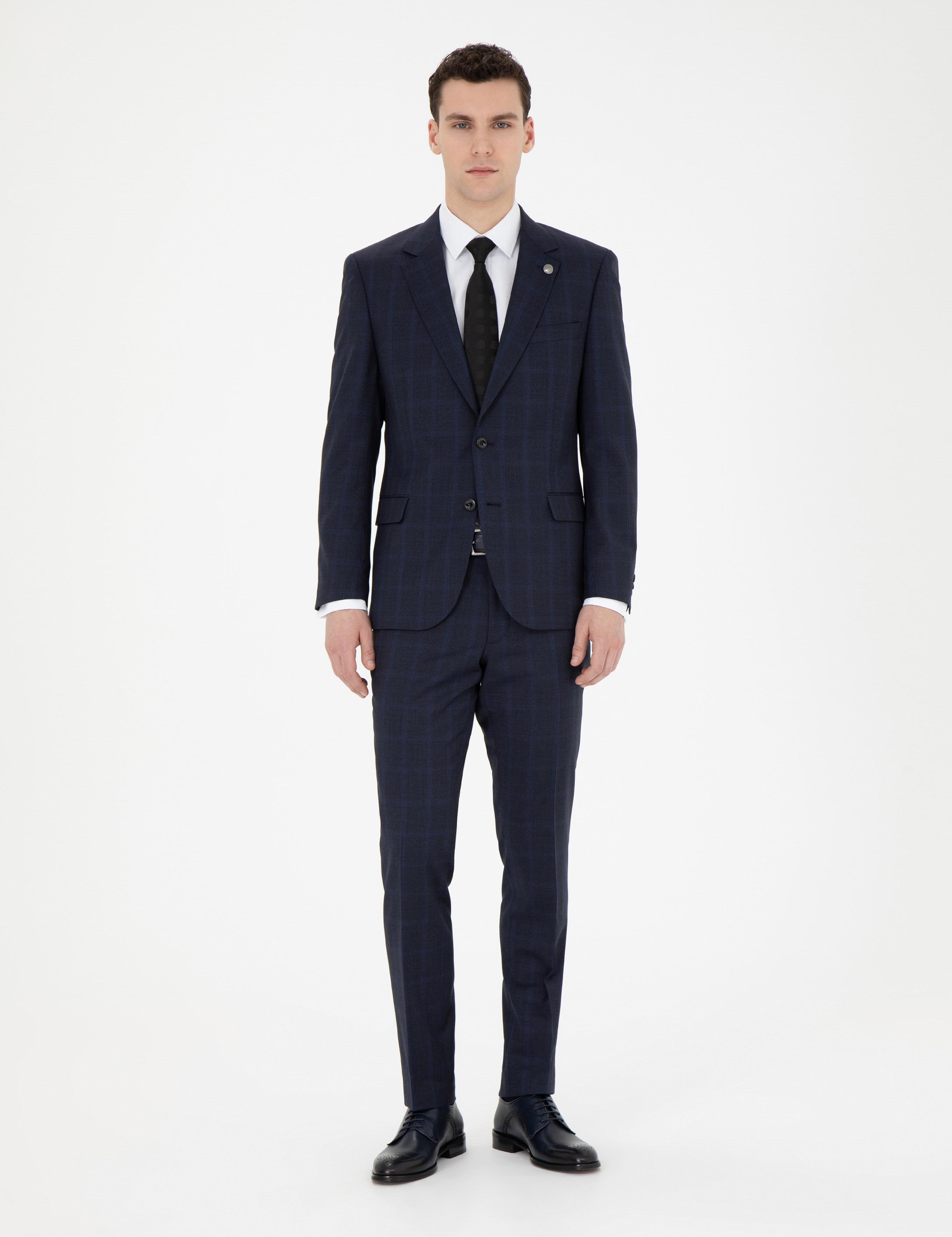 Lacivert Slim Fit %100 Yün Ekose Takım Elbise