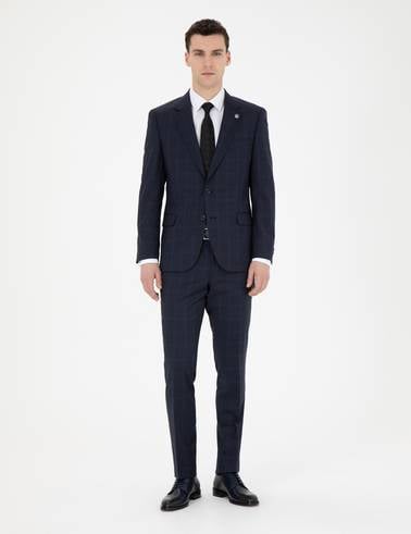 Lacivert Slim Fit %100 Yün Ekose Takım Elbise