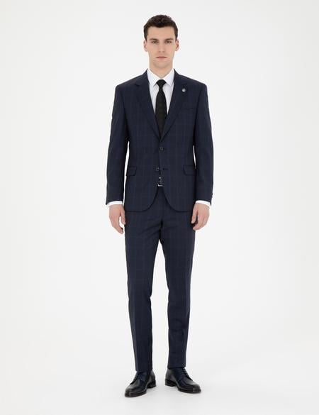 Lacivert Slim Fit %100 Yün Ekose Takım Elbise - 50285268011