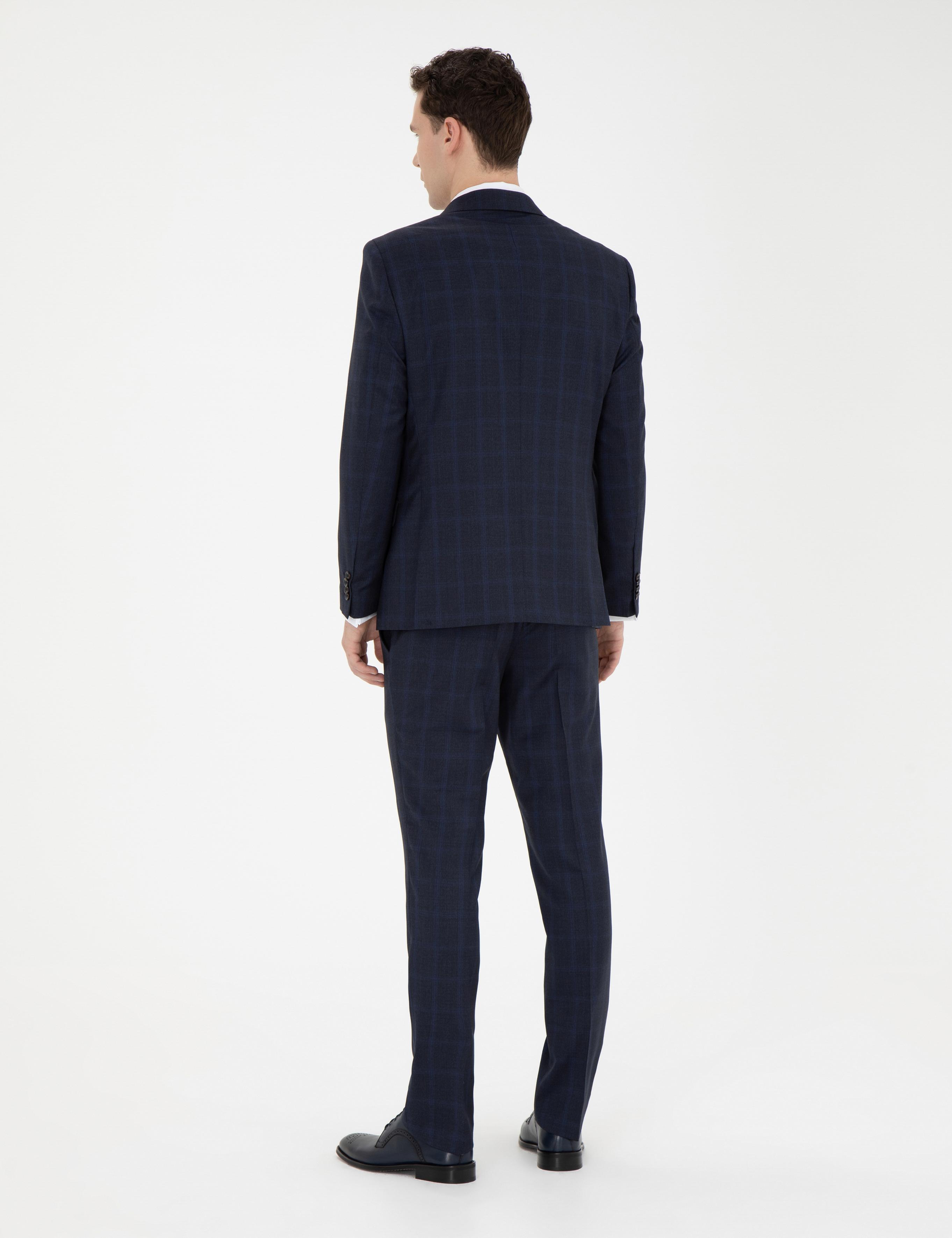 Lacivert Slim Fit %100 Yün Ekose Takım Elbise