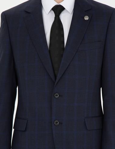Lacivert Slim Fit %100 Yün Ekose Takım Elbise