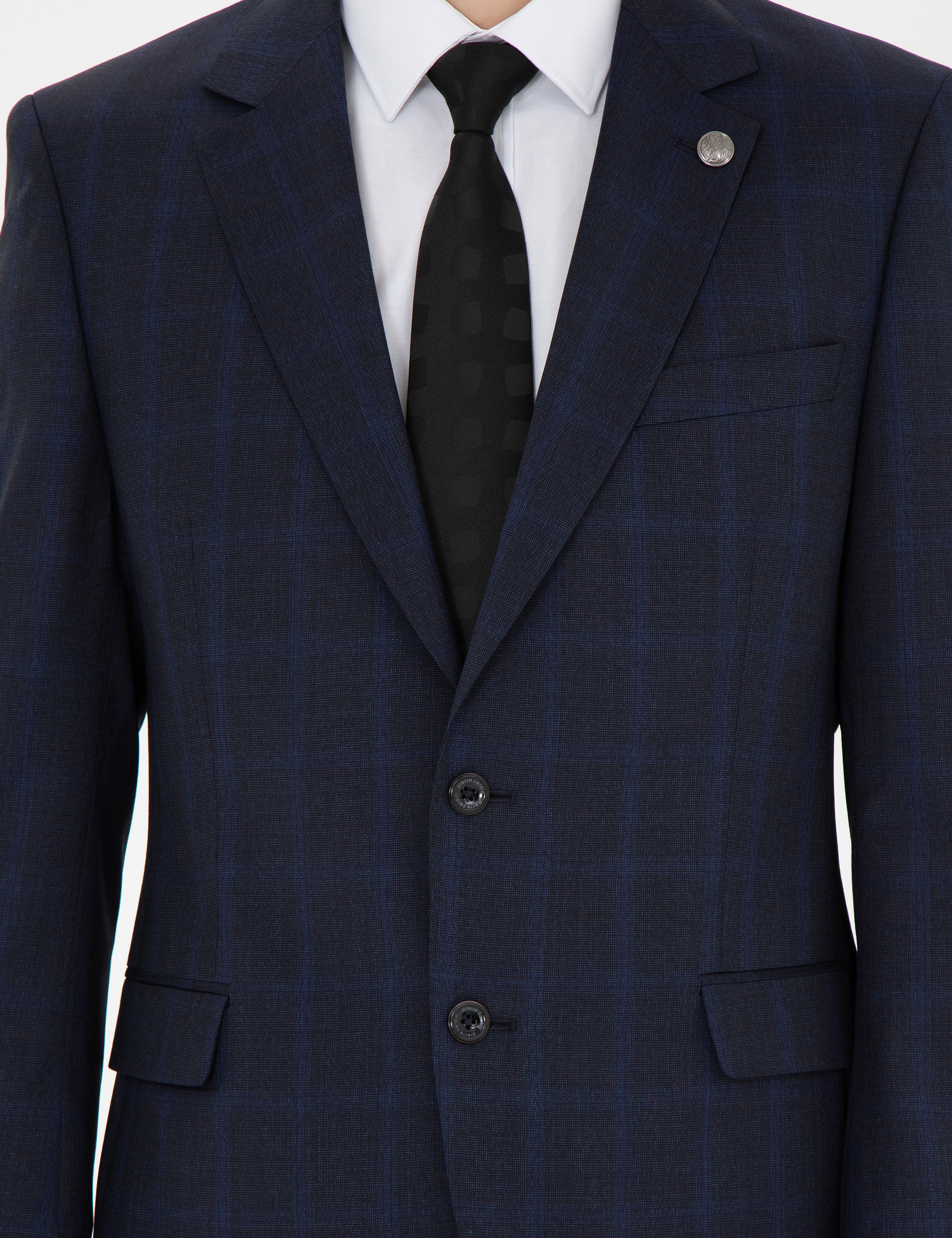 Lacivert Slim Fit %100 Yün Ekose Takım Elbise