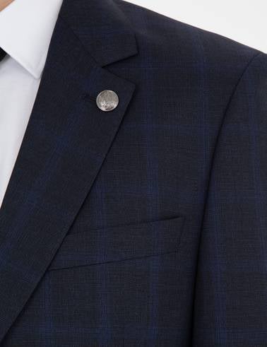 Lacivert Slim Fit %100 Yün Ekose Takım Elbise