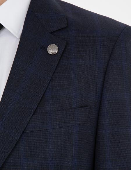 Lacivert Slim Fit %100 Yün Ekose Takım Elbise - 50285268011