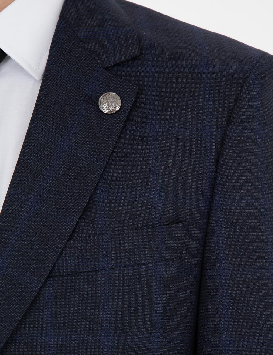 Lacivert Slim Fit %100 Yün Ekose Takım Elbise