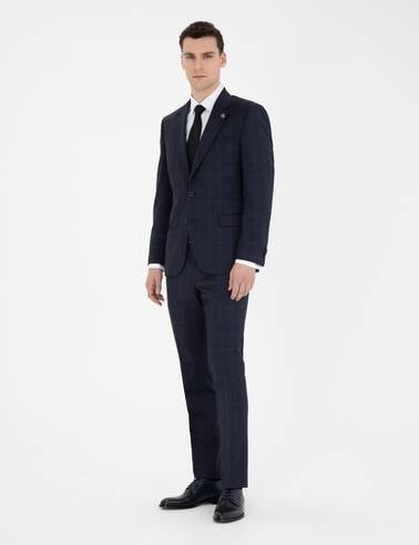 Lacivert Slim Fit %100 Yün Ekose Takım Elbise