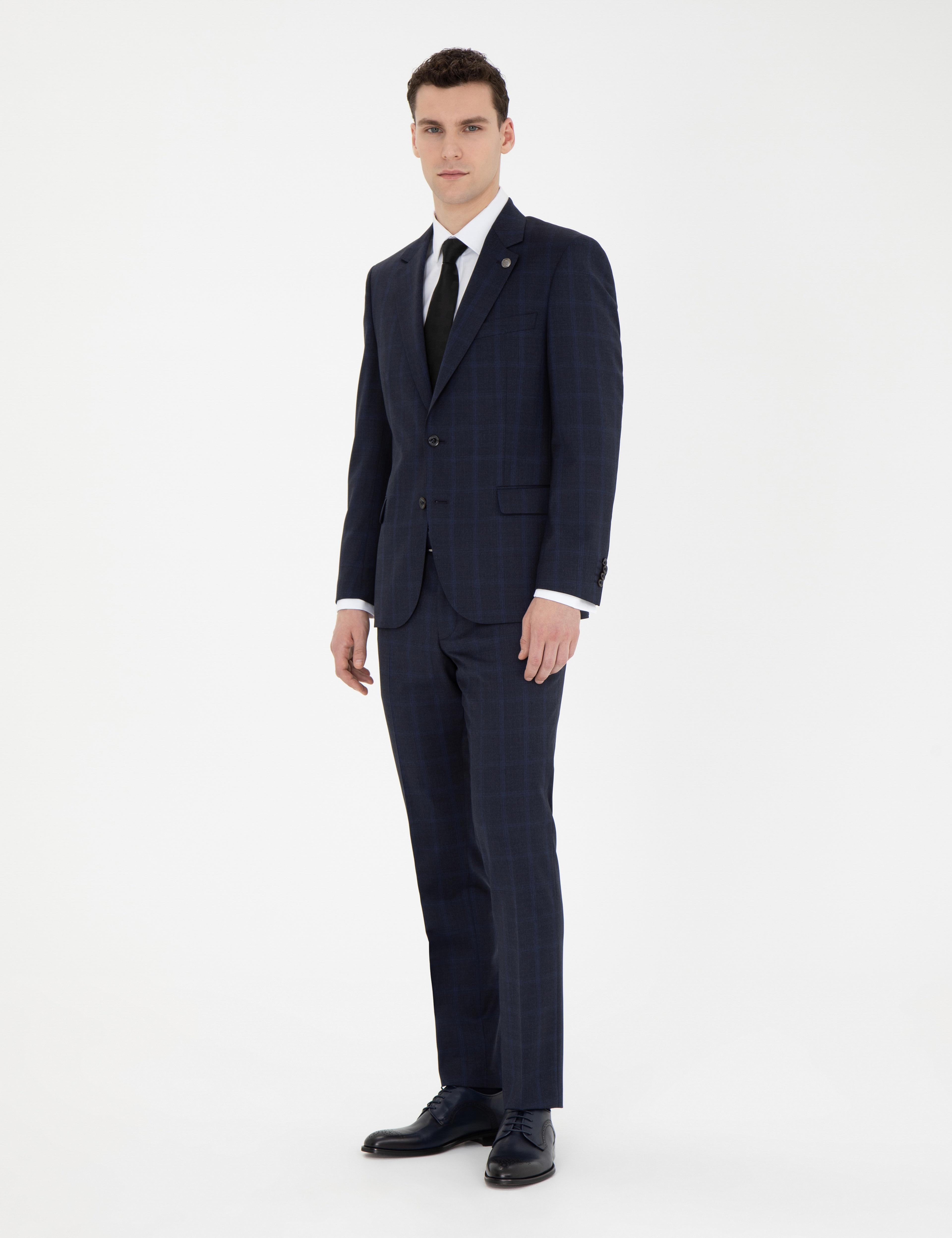 Lacivert Slim Fit %100 Yün Ekose Takım Elbise - Image 4