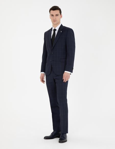 Lacivert Slim Fit %100 Yün Ekose Takım Elbise - 50285268011