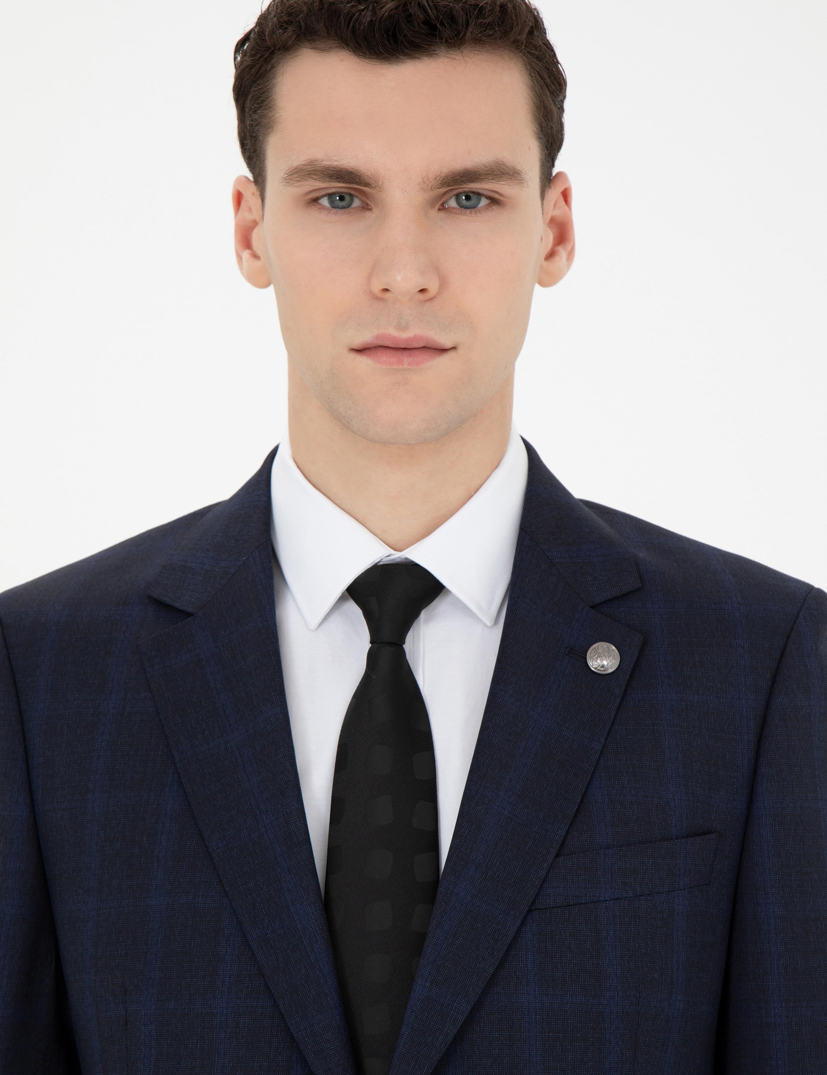 Lacivert Slim Fit %100 Yün Ekose Takım Elbise