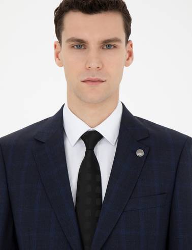 Lacivert Slim Fit %100 Yün Ekose Takım Elbise