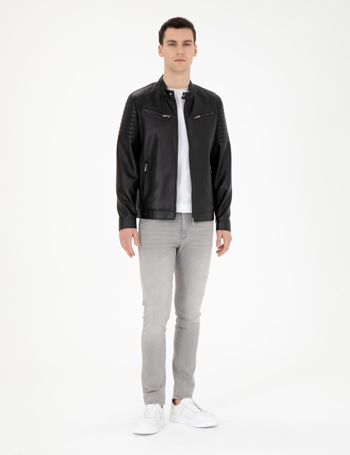 Siyah Suni Deri Ceket - 50293984005