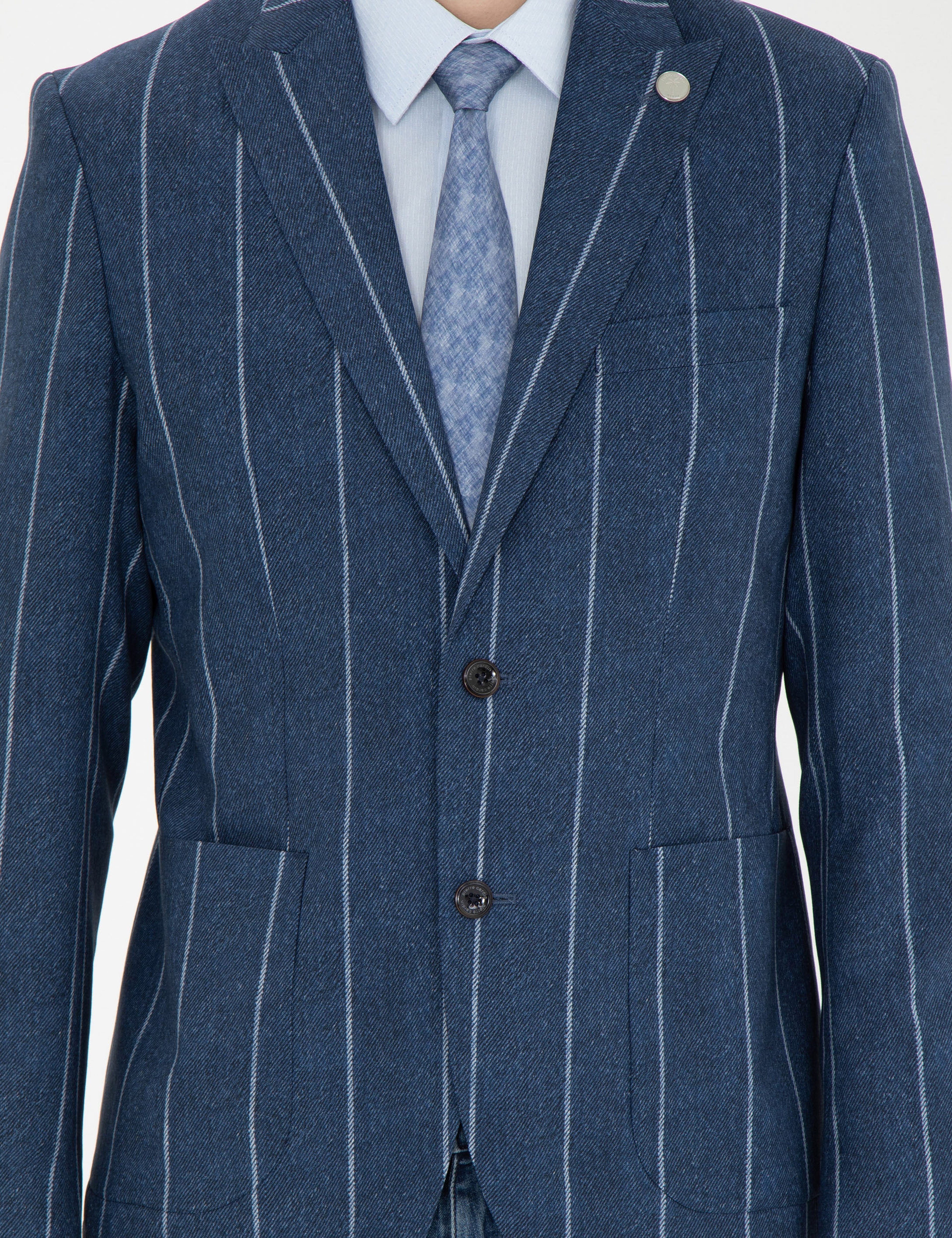 Lacivert Slim Fit Çizgili Yün Blazer Ceket - Image 6