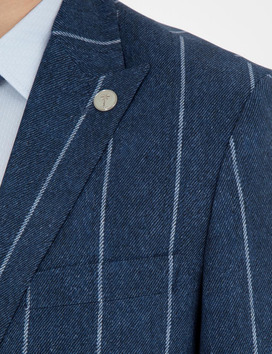 Lacivert Slim Fit Çizgili Yün Blazer Ceket