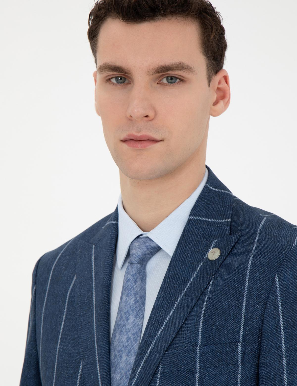 Lacivert Slim Fit Çizgili Yün Blazer Ceket - 50284941008