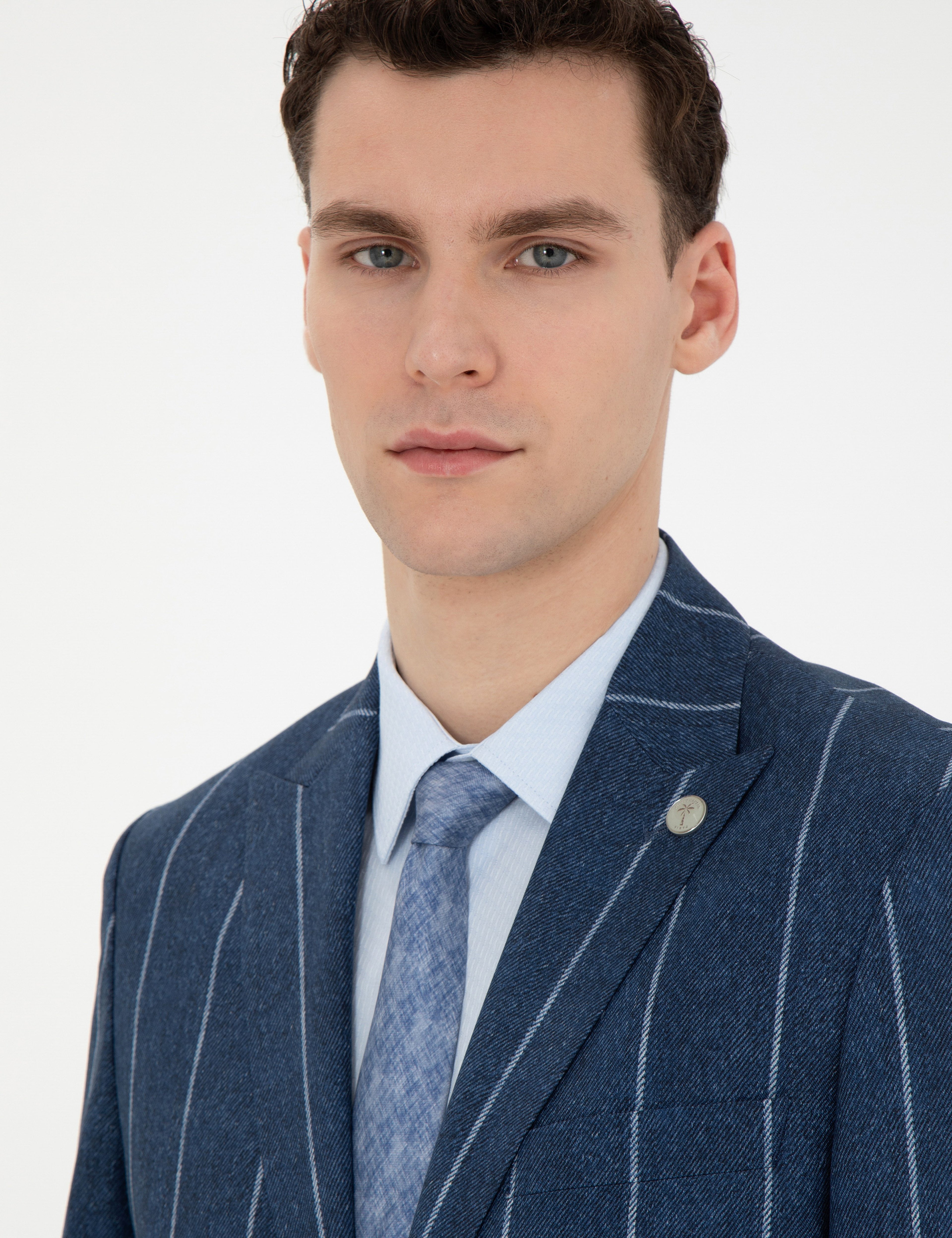 Lacivert Slim Fit Çizgili Yün Blazer Ceket