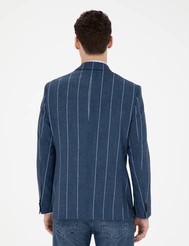 Lacivert Slim Fit Çizgili Yün Blazer Ceket