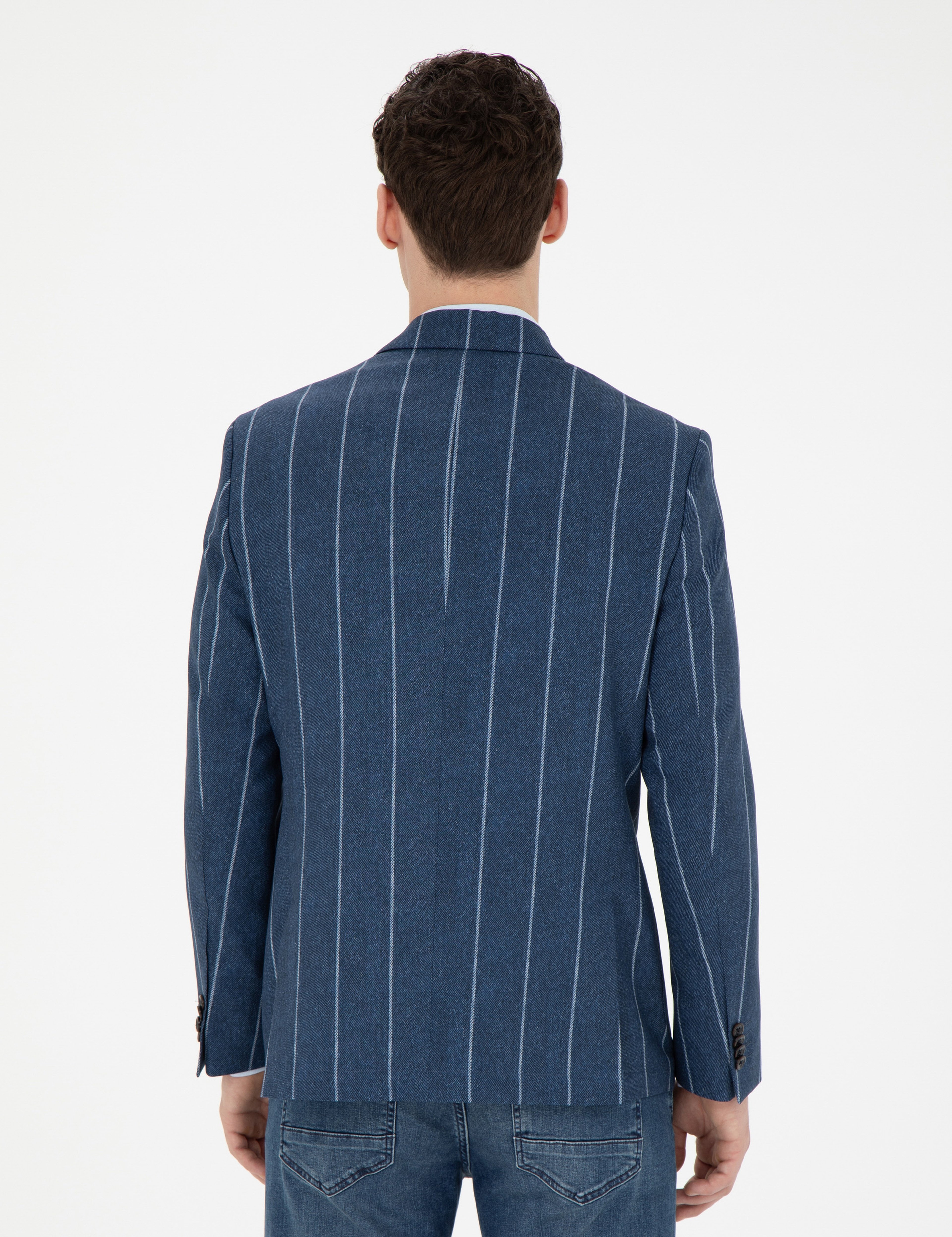 Lacivert Slim Fit Çizgili Yün Blazer Ceket - Image 5
