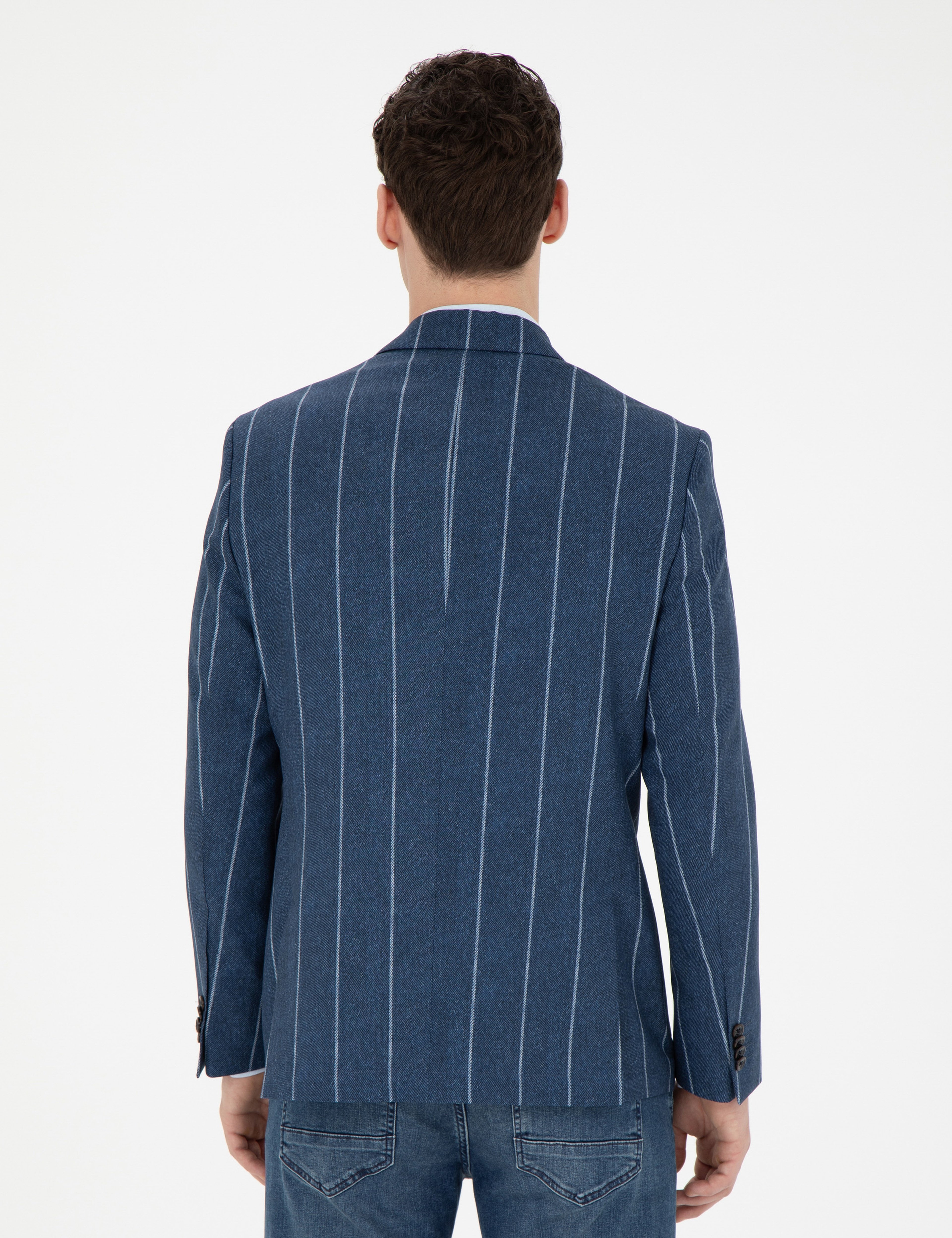 Lacivert Slim Fit Çizgili Yün Blazer Ceket