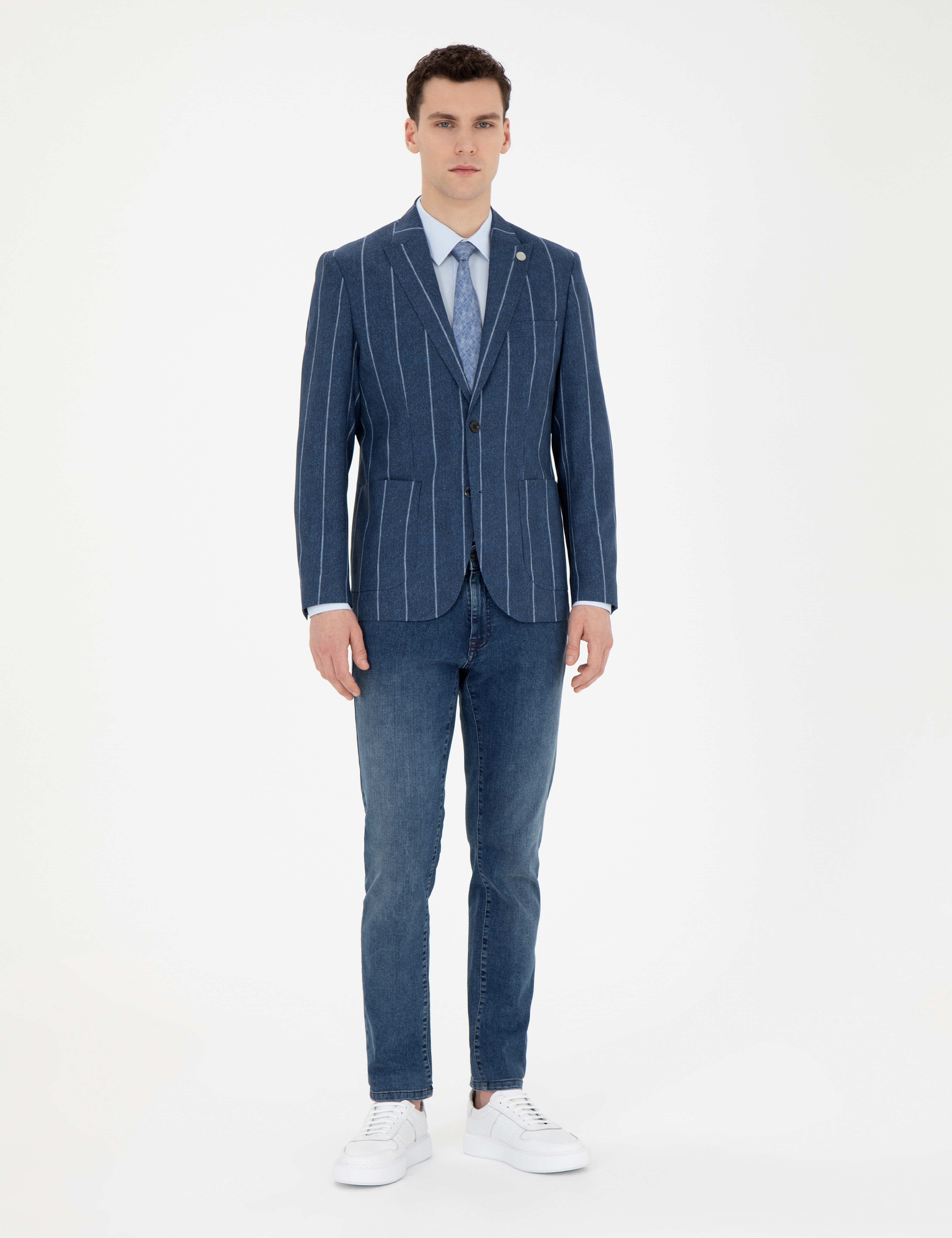 Lacivert Slim Fit Çizgili Yün Blazer Ceket