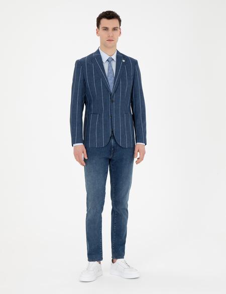 Lacivert Slim Fit Çizgili Yün Blazer Ceket - 50284941008