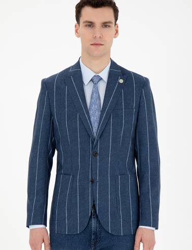 Lacivert Slim Fit Çizgili Yün Blazer Ceket