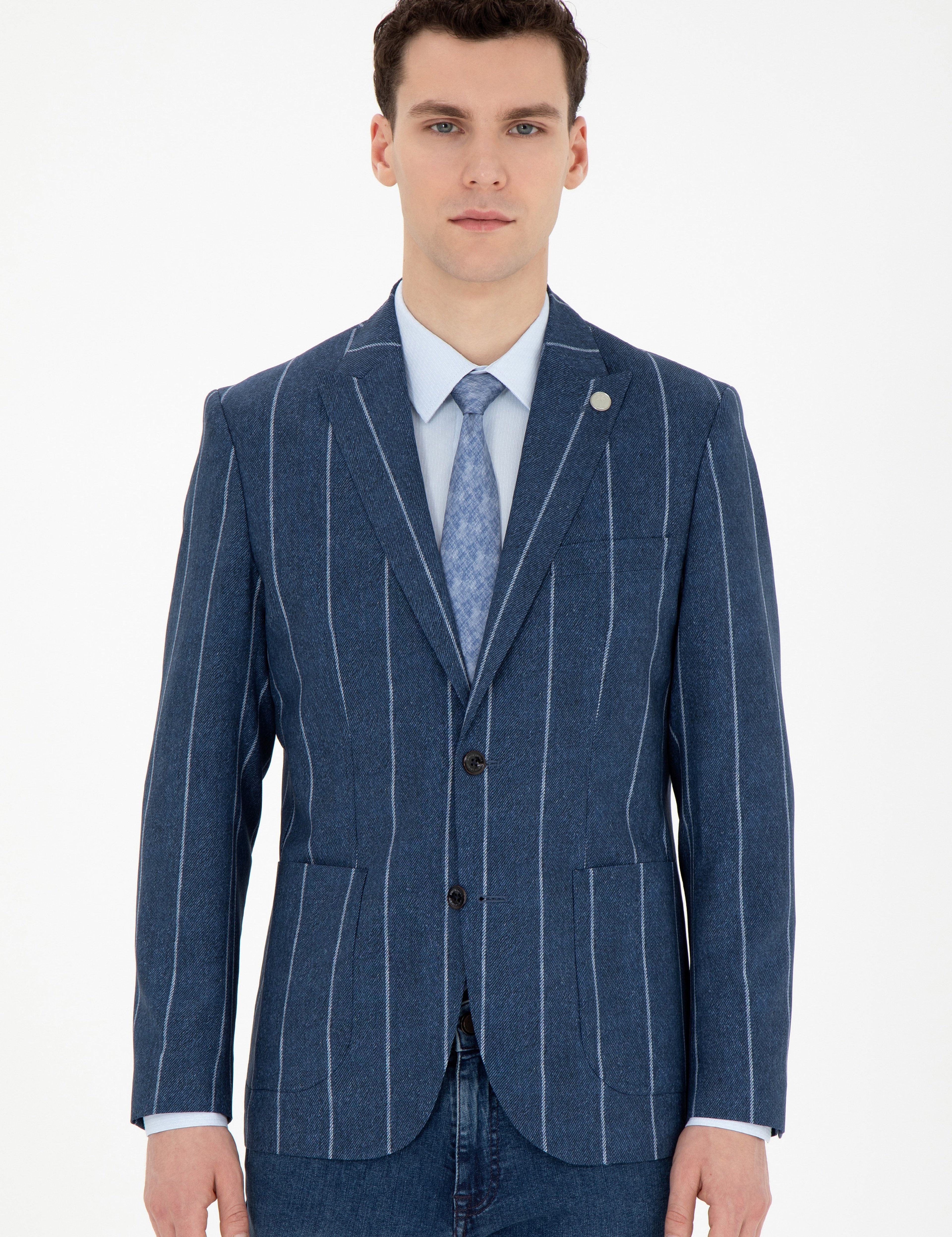Lacivert Slim Fit Çizgili Yün Blazer Ceket - Image 3