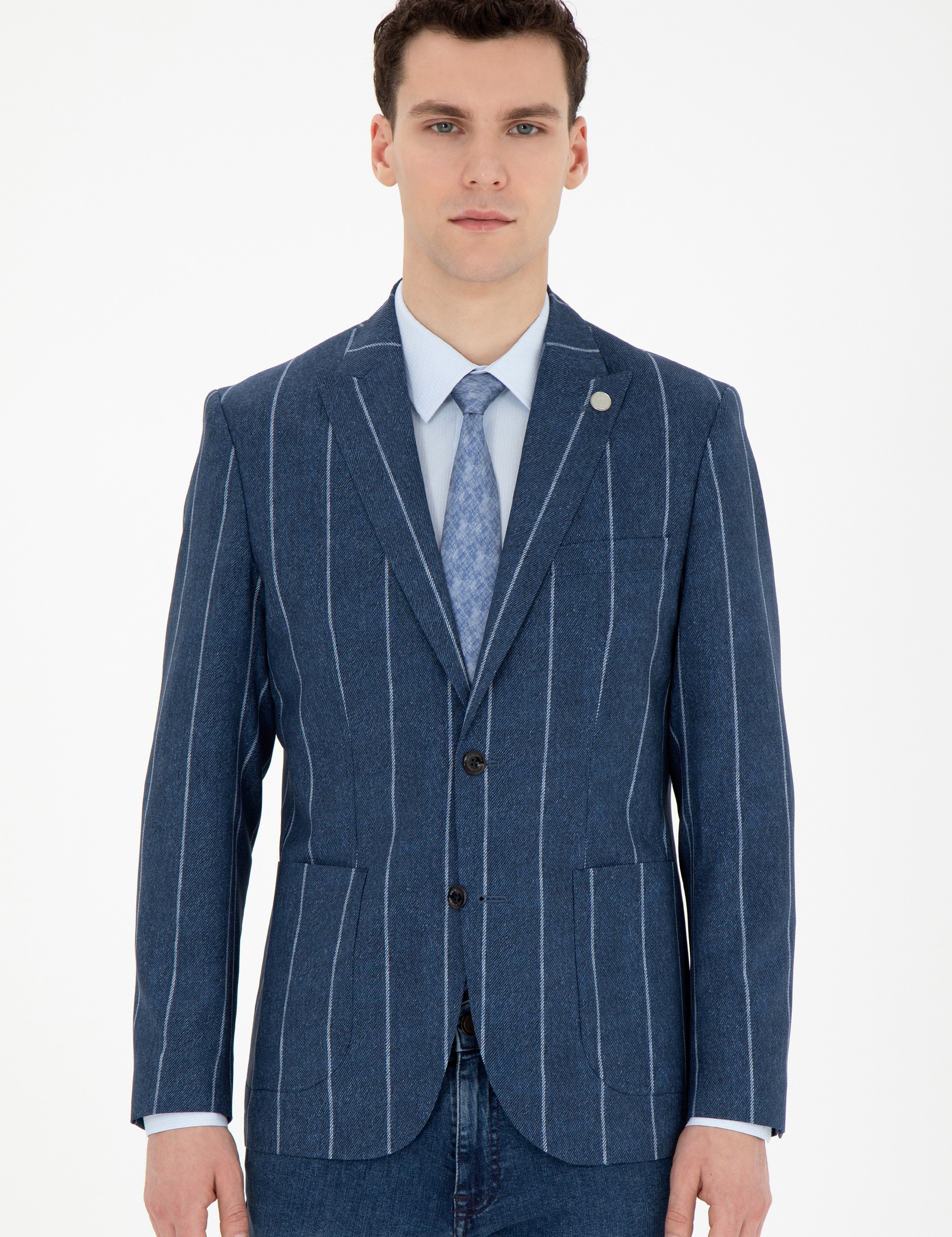 Lacivert Slim Fit Çizgili Yün Blazer Ceket