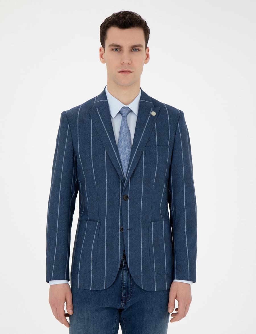 Lacivert Slim Fit Çizgili Yün Blazer Ceket