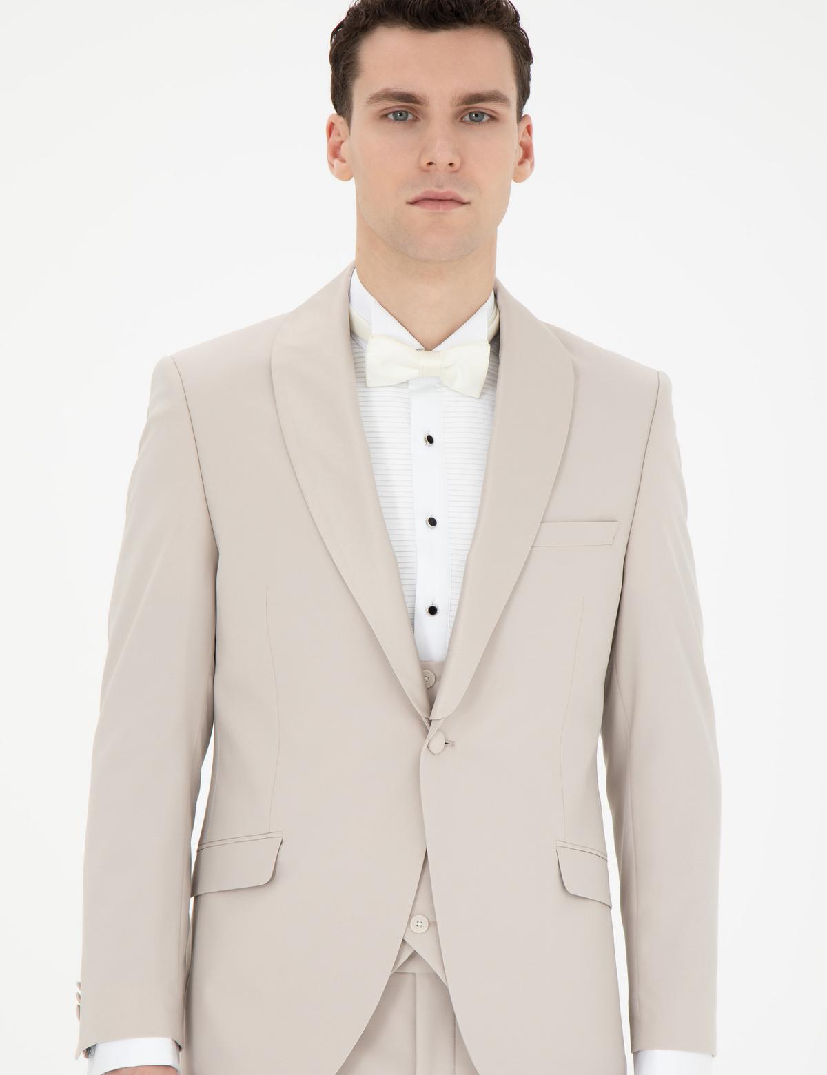 Bej Ex. Slim Fit Yelekli Smokin - 50288078152