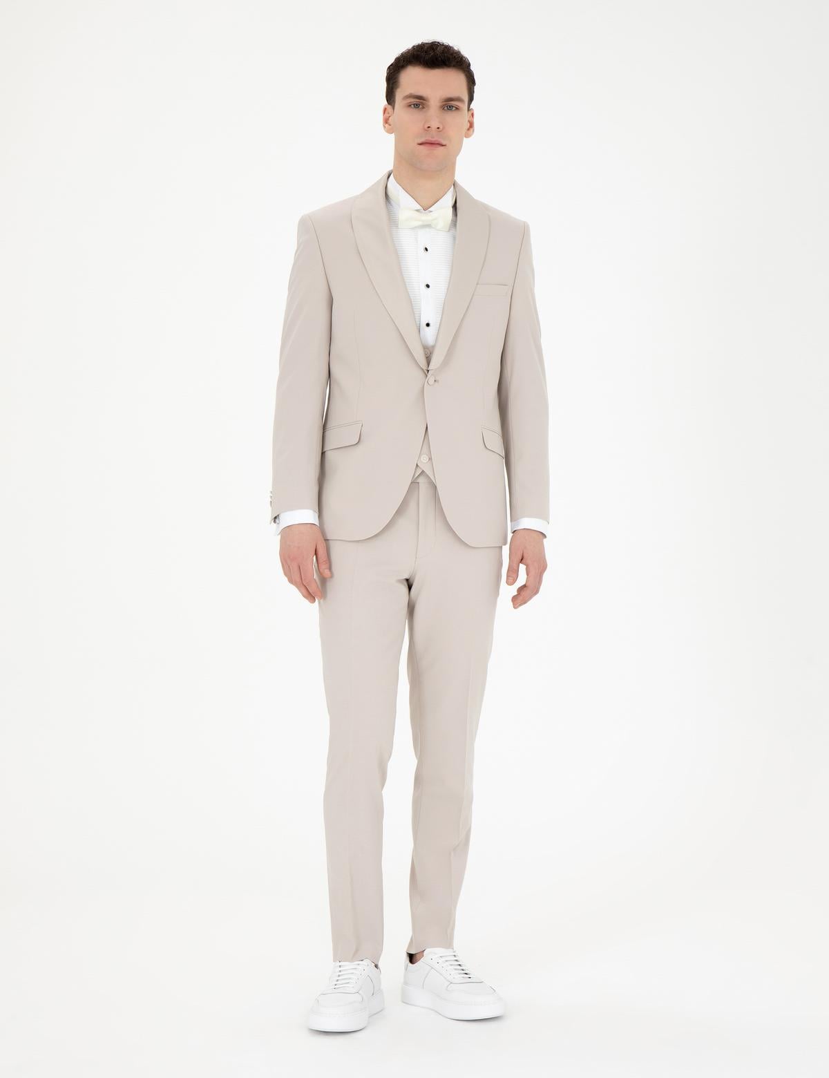 Bej Ex. Slim Fit Yelekli Smokin