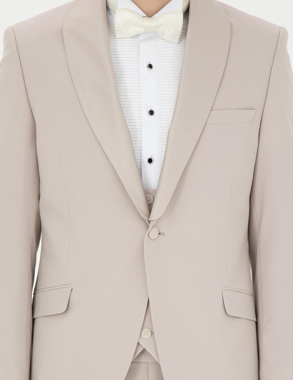 Bej Ex. Slim Fit Yelekli Smokin - 50288078152