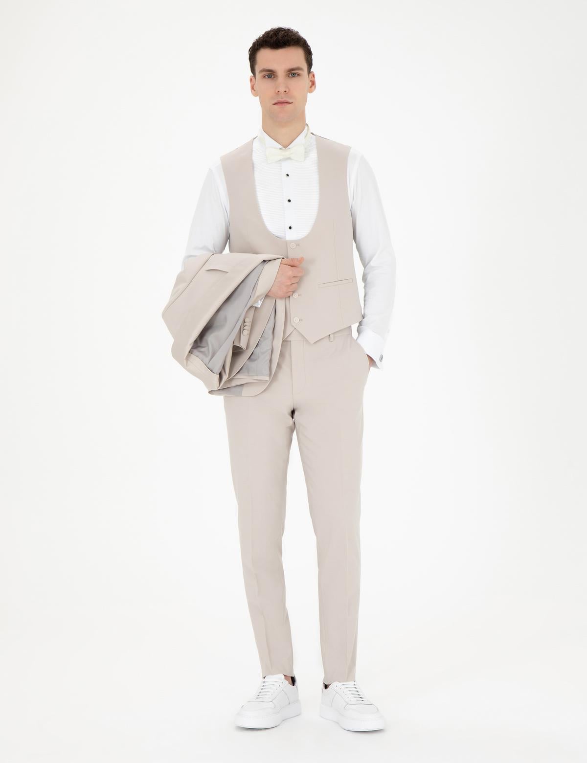 Bej Ex. Slim Fit Yelekli Smokin - 50288078152