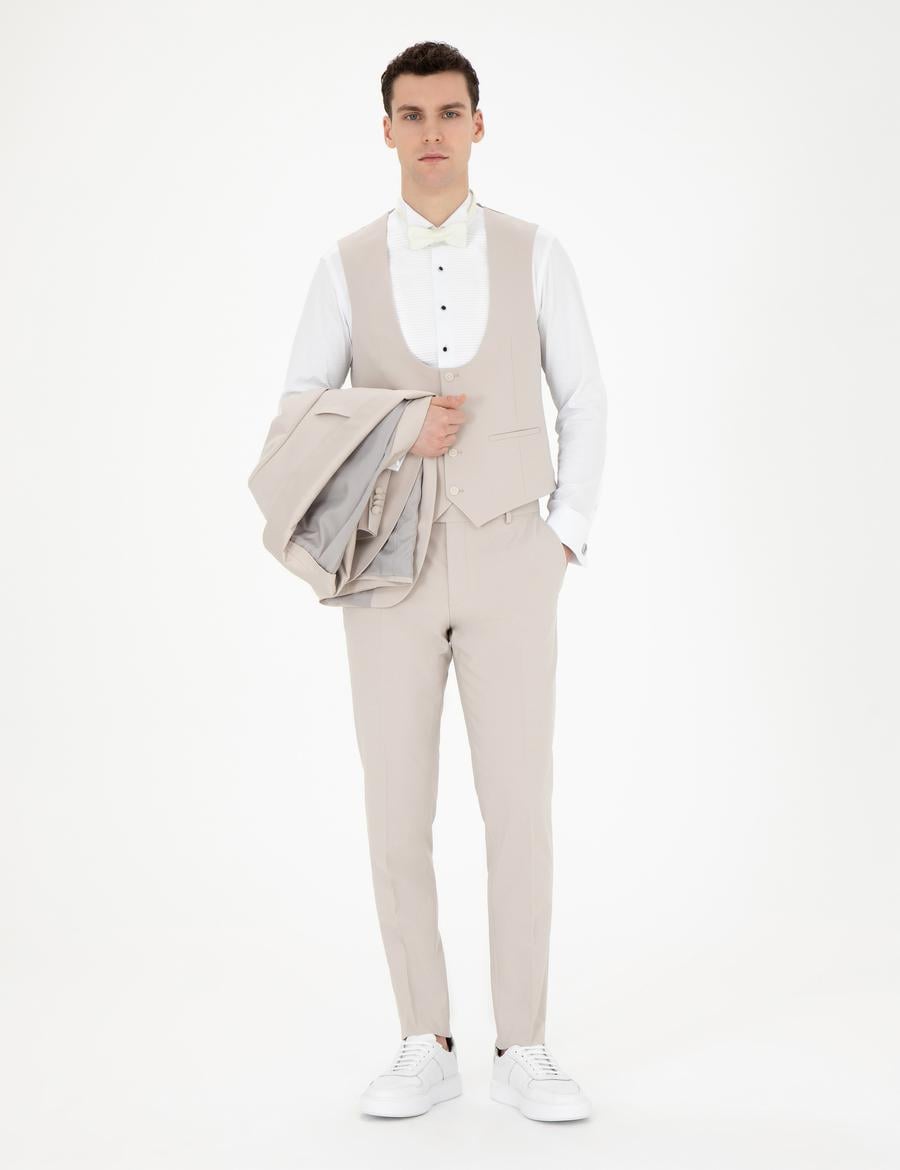 Bej Ex. Slim Fit Yelekli Smokin