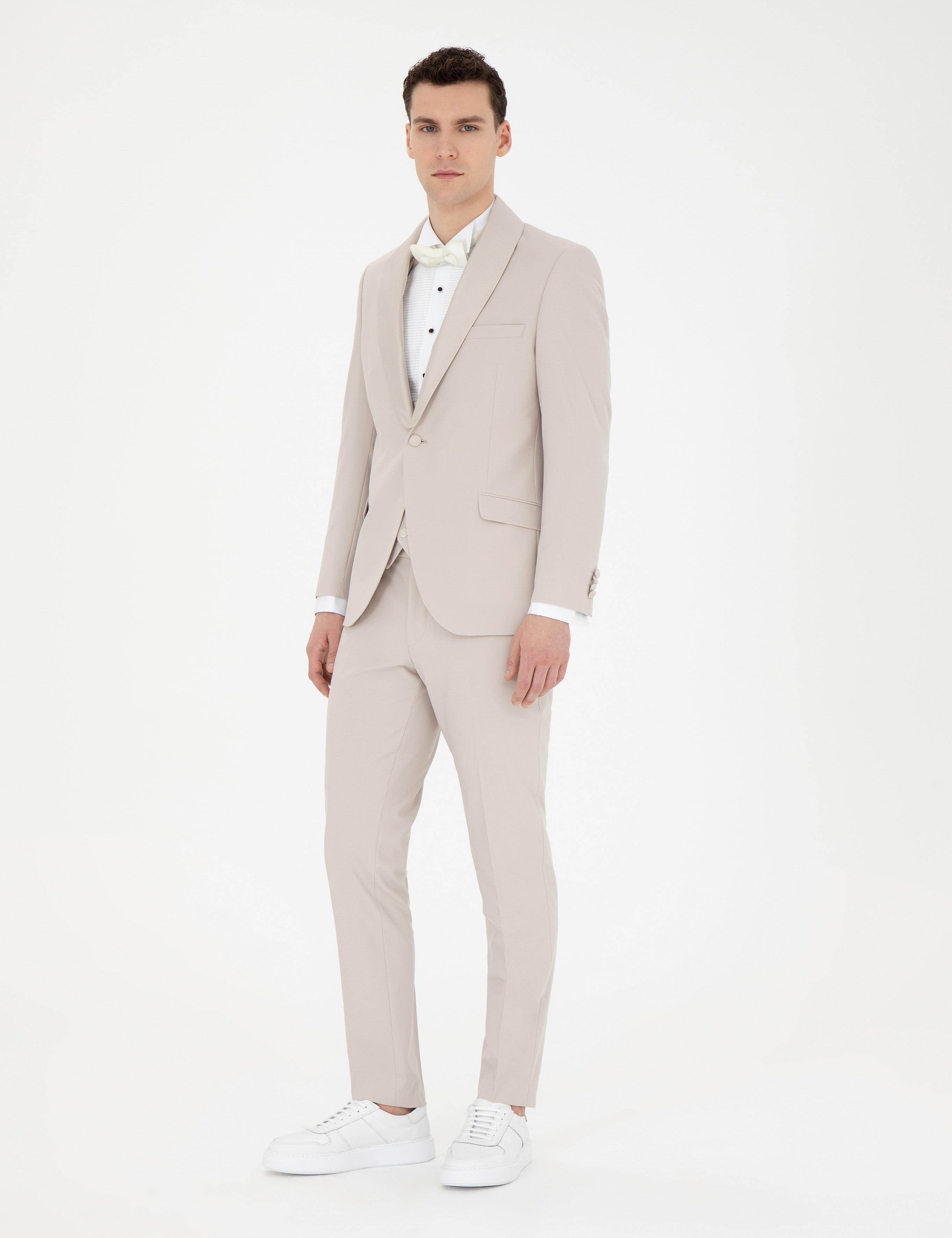 Bej Ex. Slim Fit Yelekli Smokin