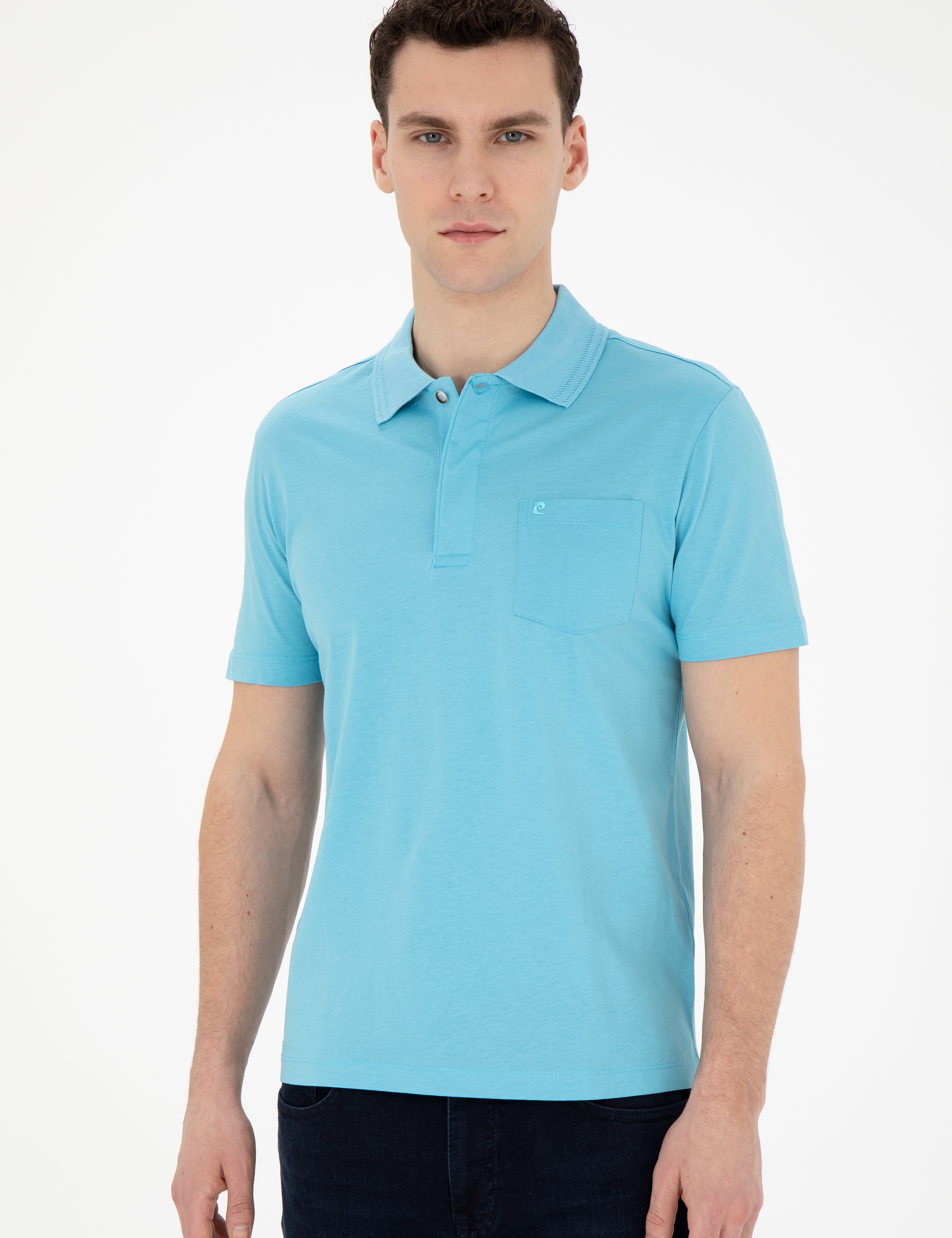 Açık Mavi Regular Fit %100 Pamuk Merserize Düğmeli Polo Yaka Basic Tişört - Image 1