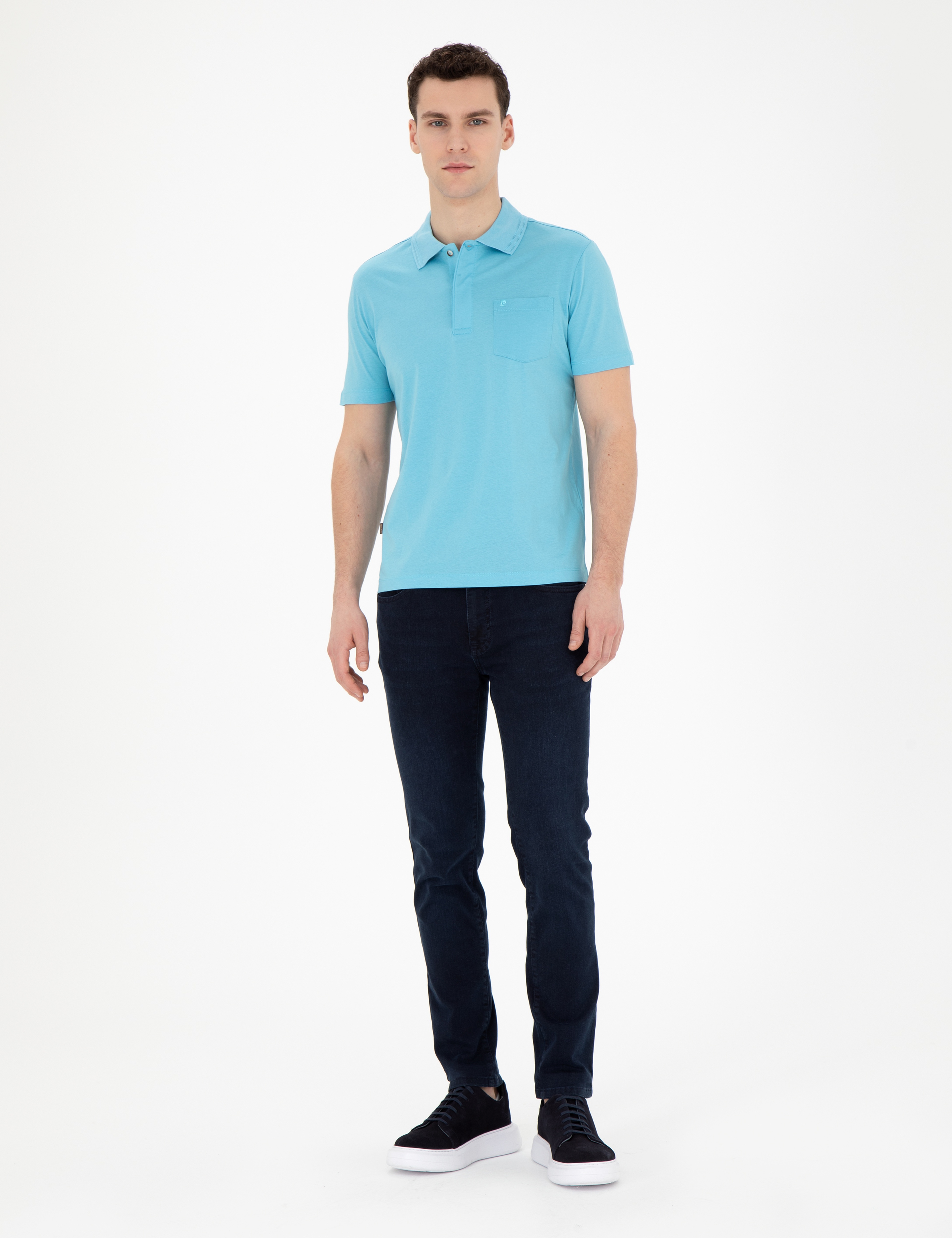 Açık Mavi Regular Fit %100 Pamuk Merserize Düğmeli Polo Yaka Basic Tişört - Image 4