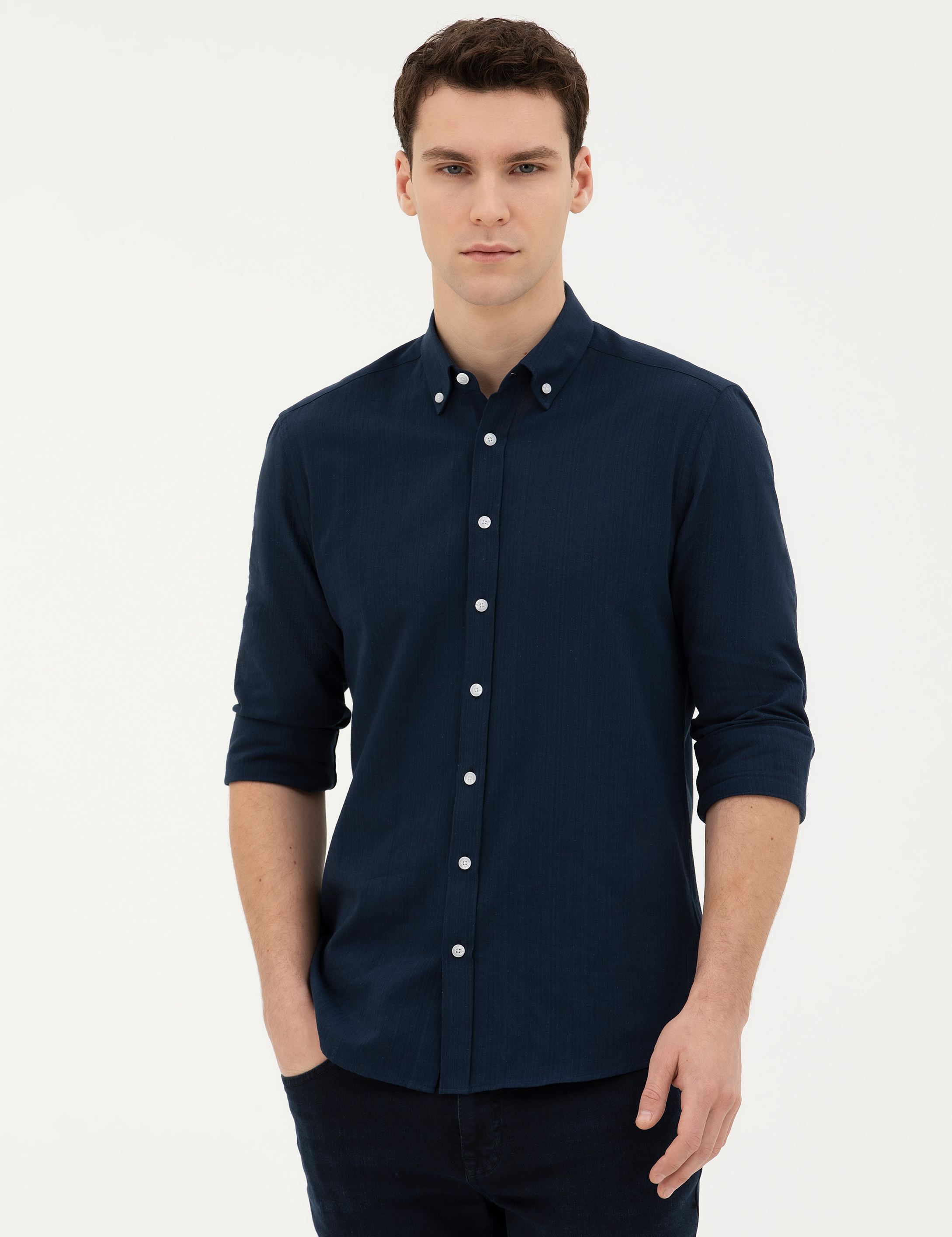 Lacivert Slim Fit Uzun Kollu Gömlek - Image 3