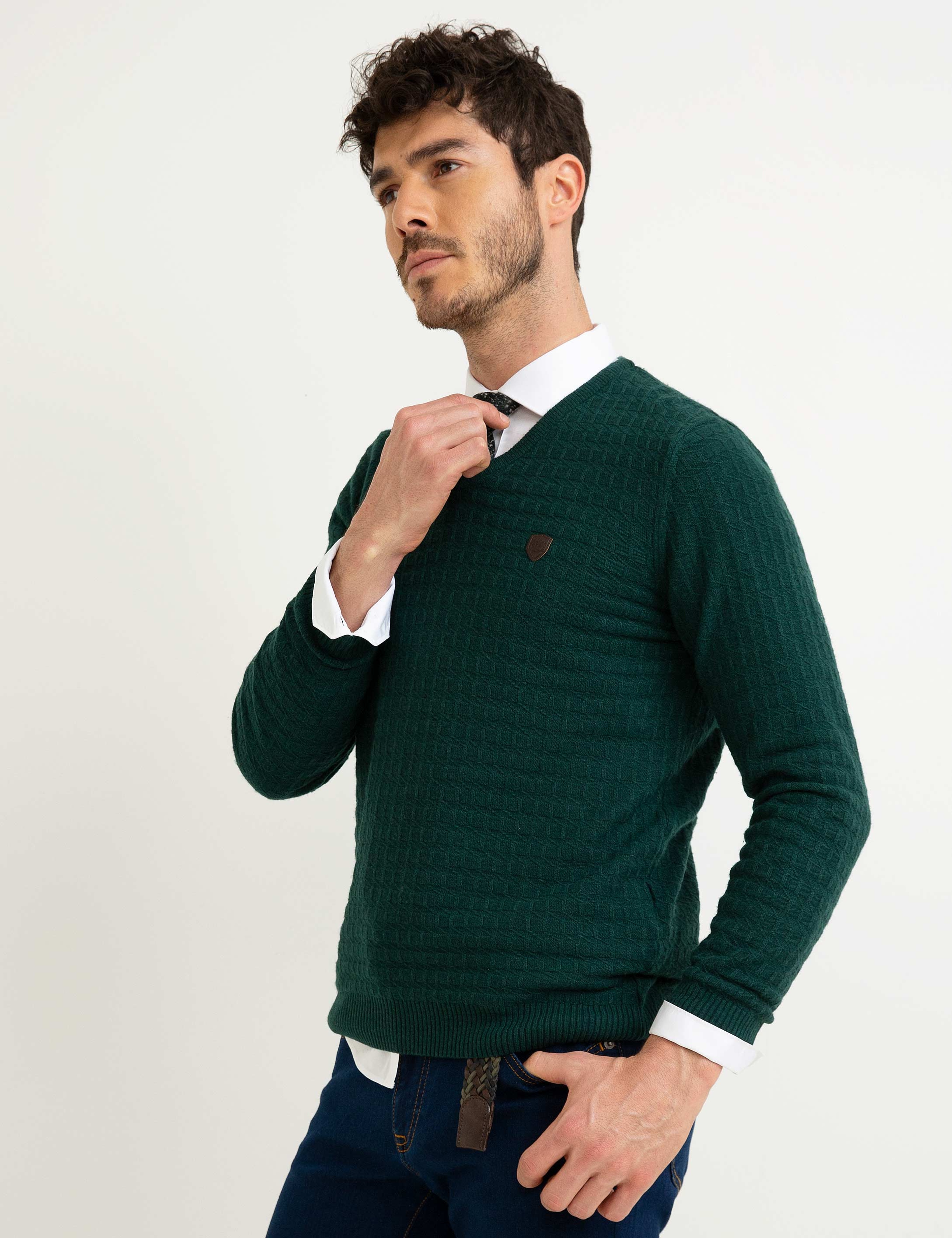 Koyu Yeşil Slim Fit Kazak - Image 3