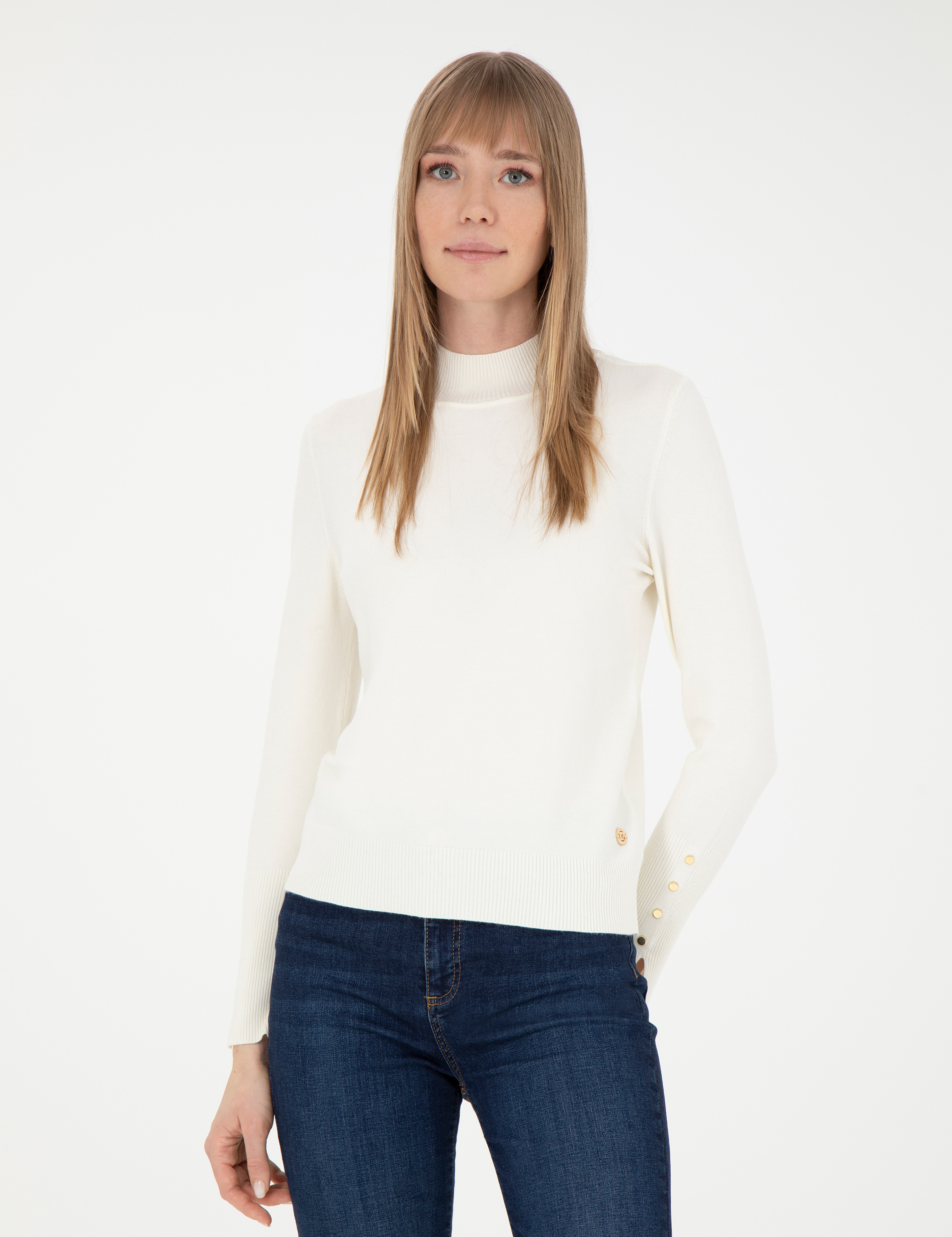 Ekru Slim Fit Yarım Balıkçı Yaka Kazak - Image 3