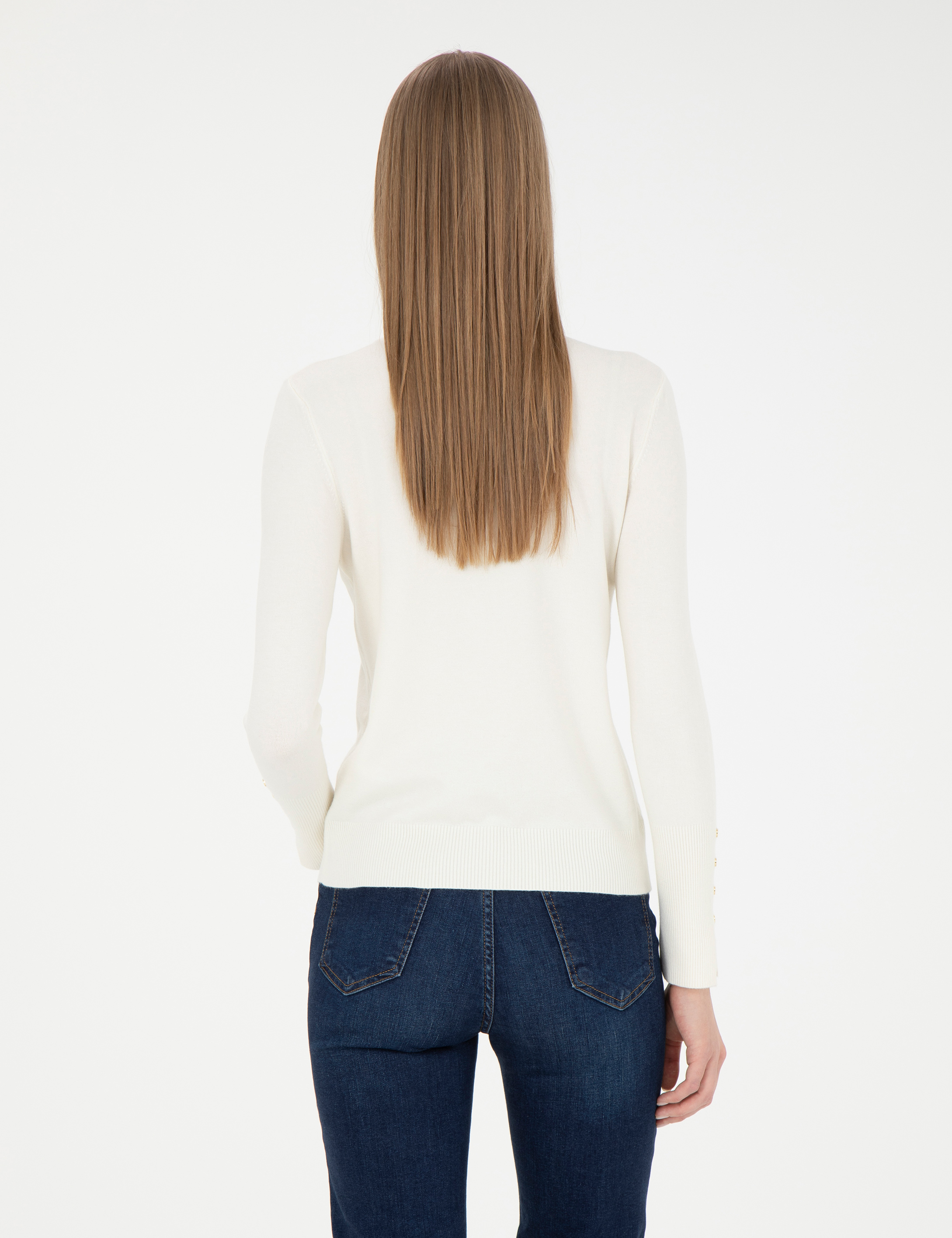 Ekru Slim Fit Yarım Balıkçı Yaka Kazak