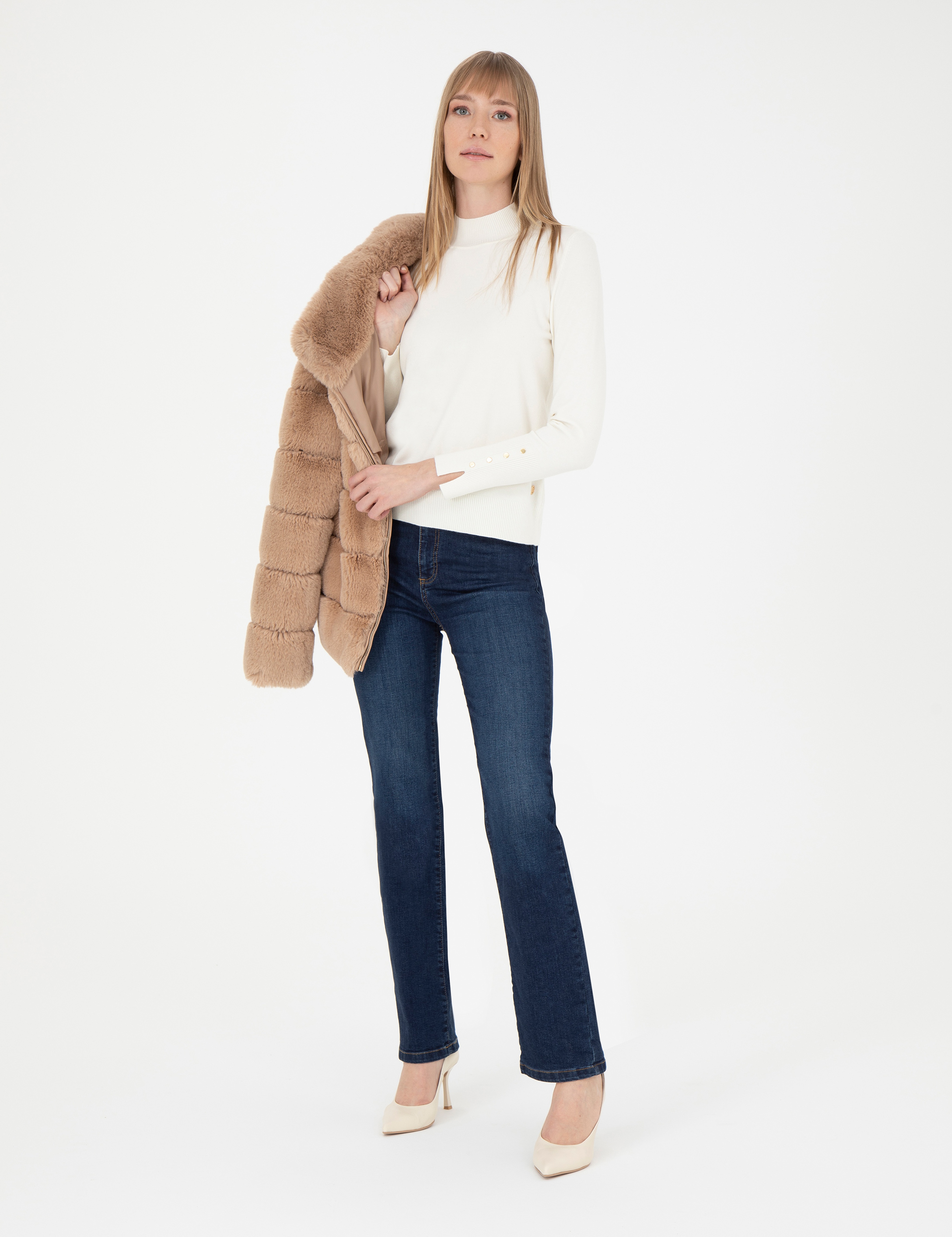 Ekru Slim Fit Yarım Balıkçı Yaka Kazak - Image 4