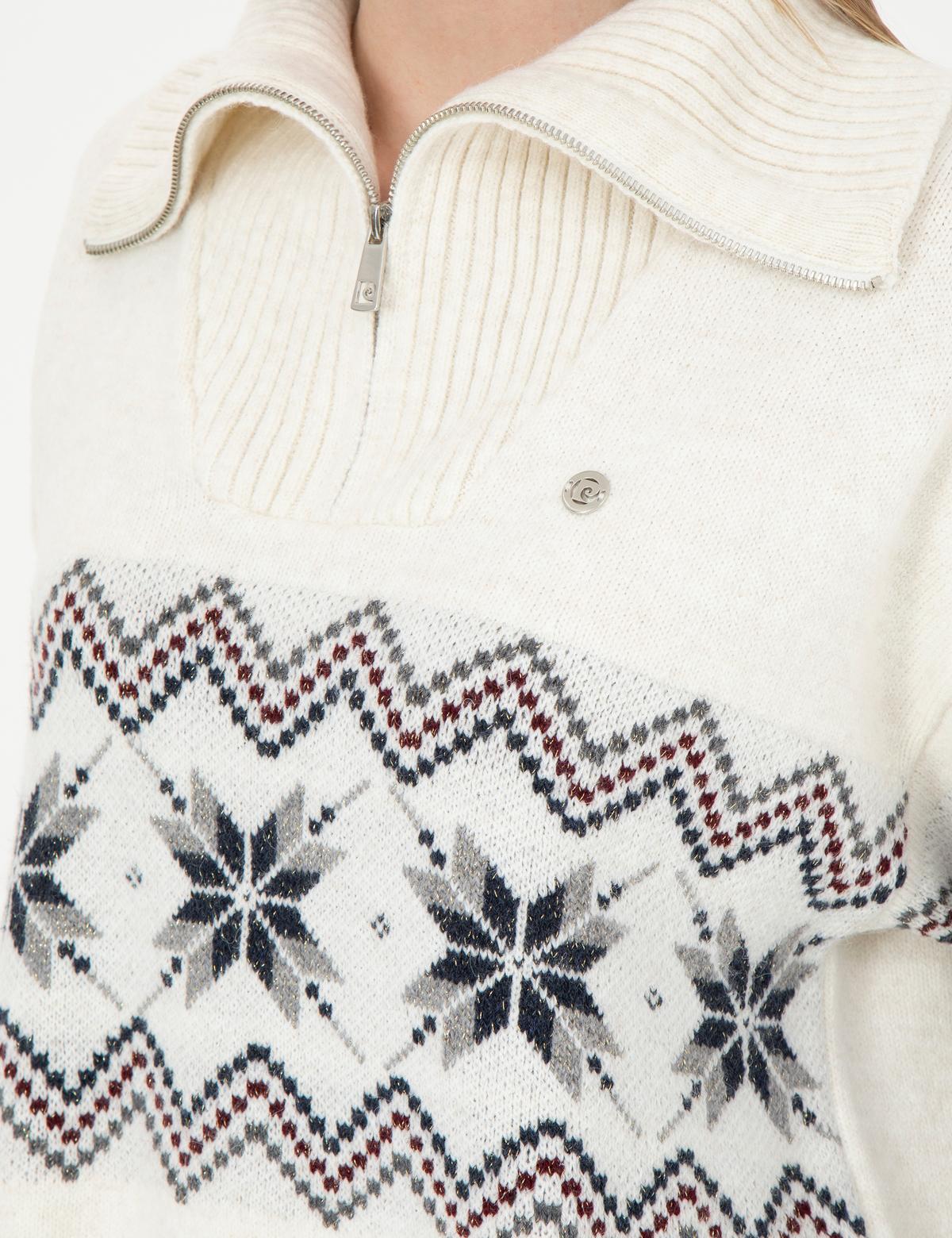 Ekru Comfort Fit Fermuarlı Kazak - 50280731008